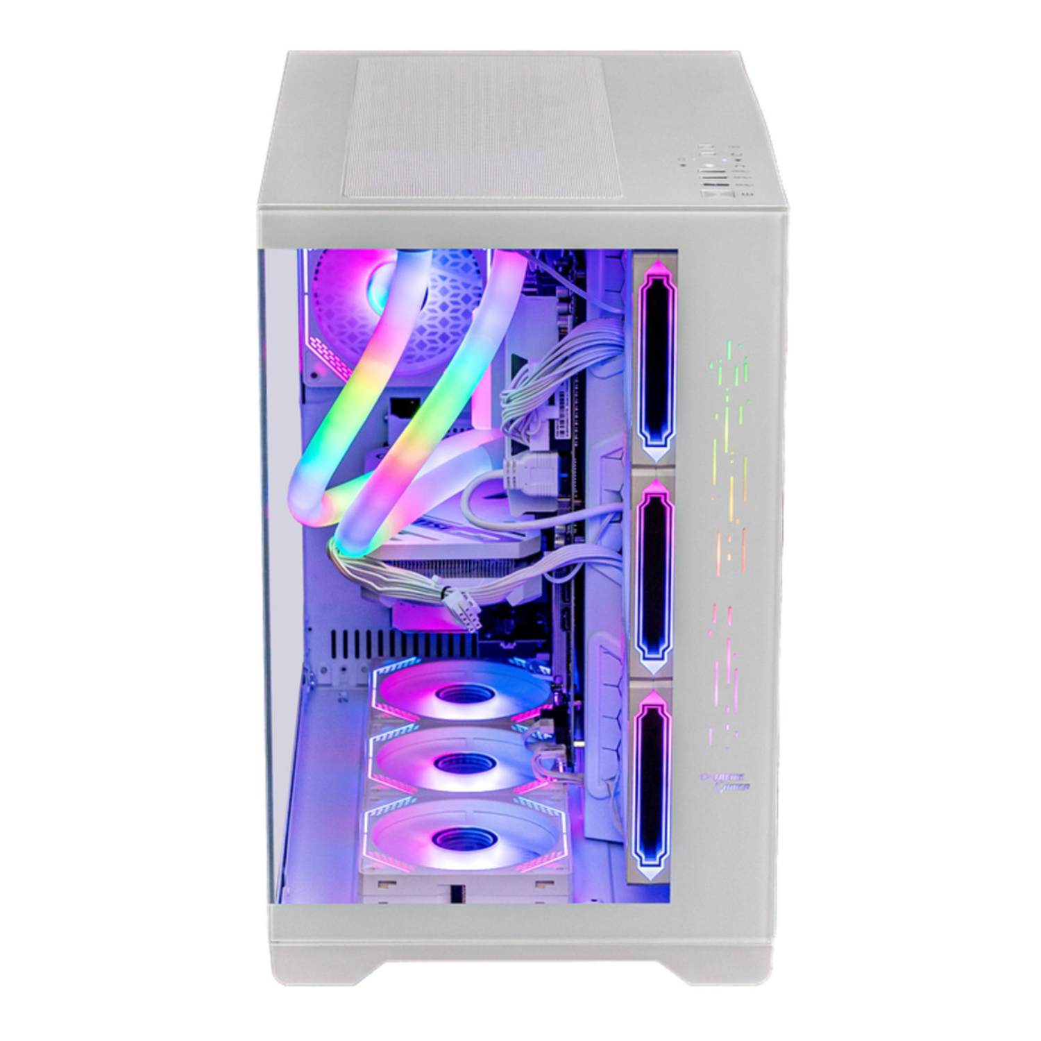 Een witte computerkast met een glazen zijpaneel. Binnenin bevinden zich gloeiende ventilatoren, een vloeistofkoeler en diverse componenten, met regenbooglichten.