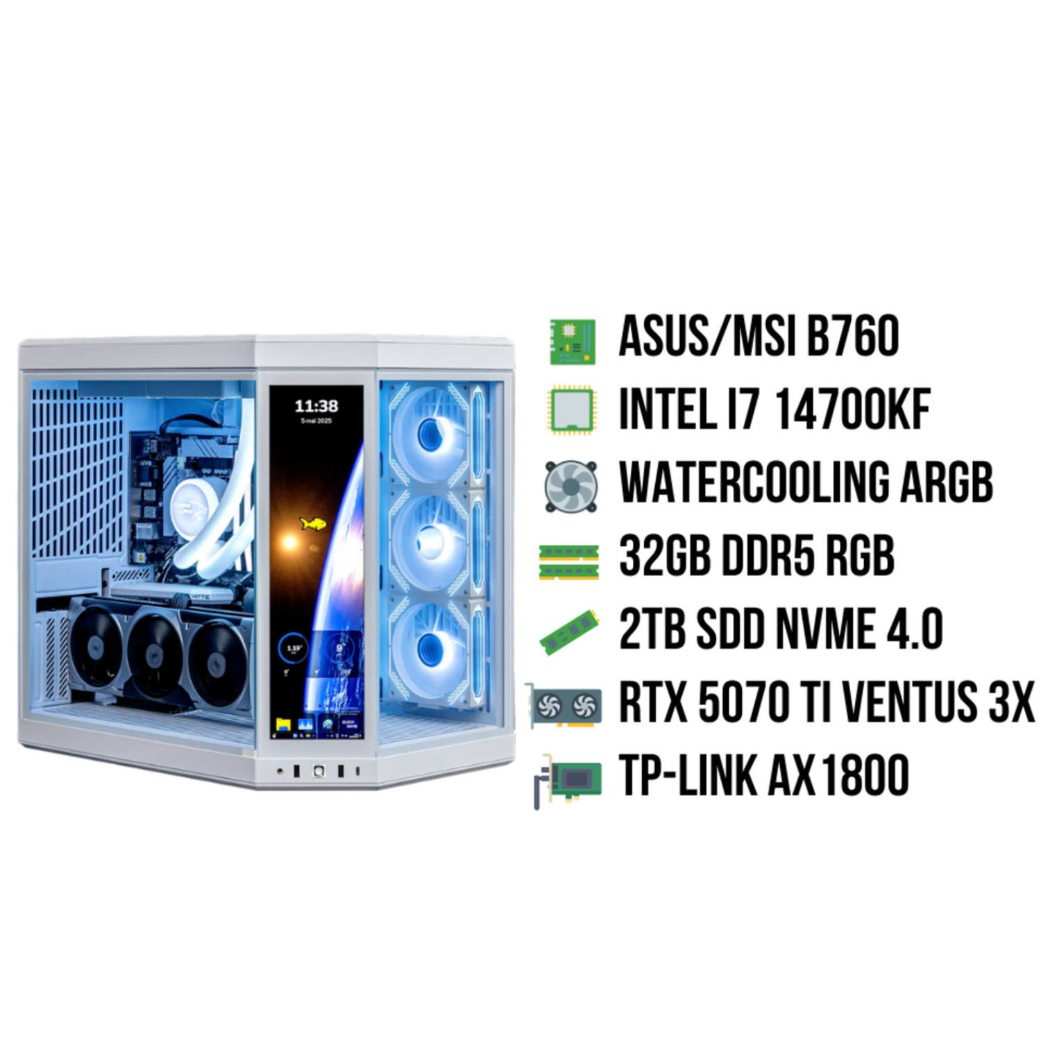 Un boîtier PC blanc avec des lumières LED bleues et un écran affichant l'heure. Les spécifications incluent une carte mère ASUS, Intel i7 et RTX 5070 Ti.
