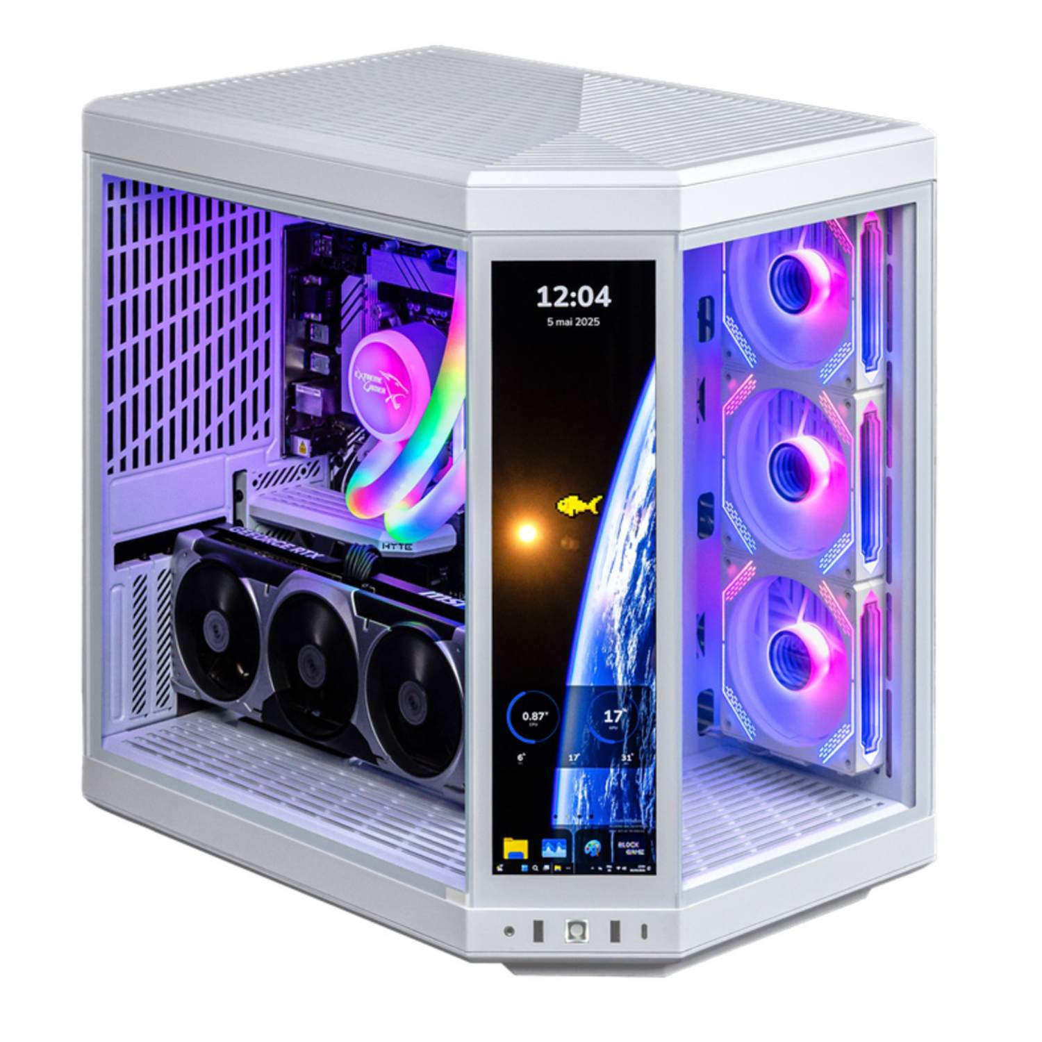 Un boîtier d'ordinateur blanc avec un écran montrant la Terre, des ventilateurs avec des lumières LED et des composants internes visibles.