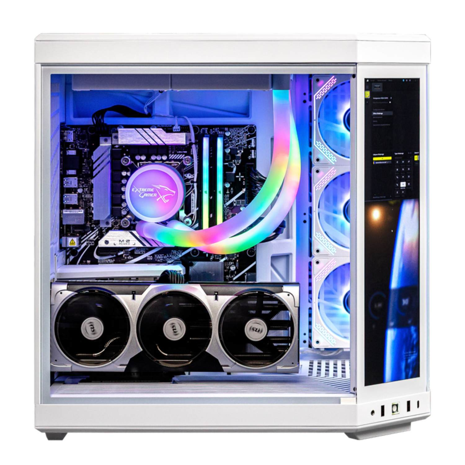 Boîtier PC blanc avec composants internes : carte mère, GPU, ventilateurs et écran. Refroidisseur liquide arc-en-ciel et éclairage LED.