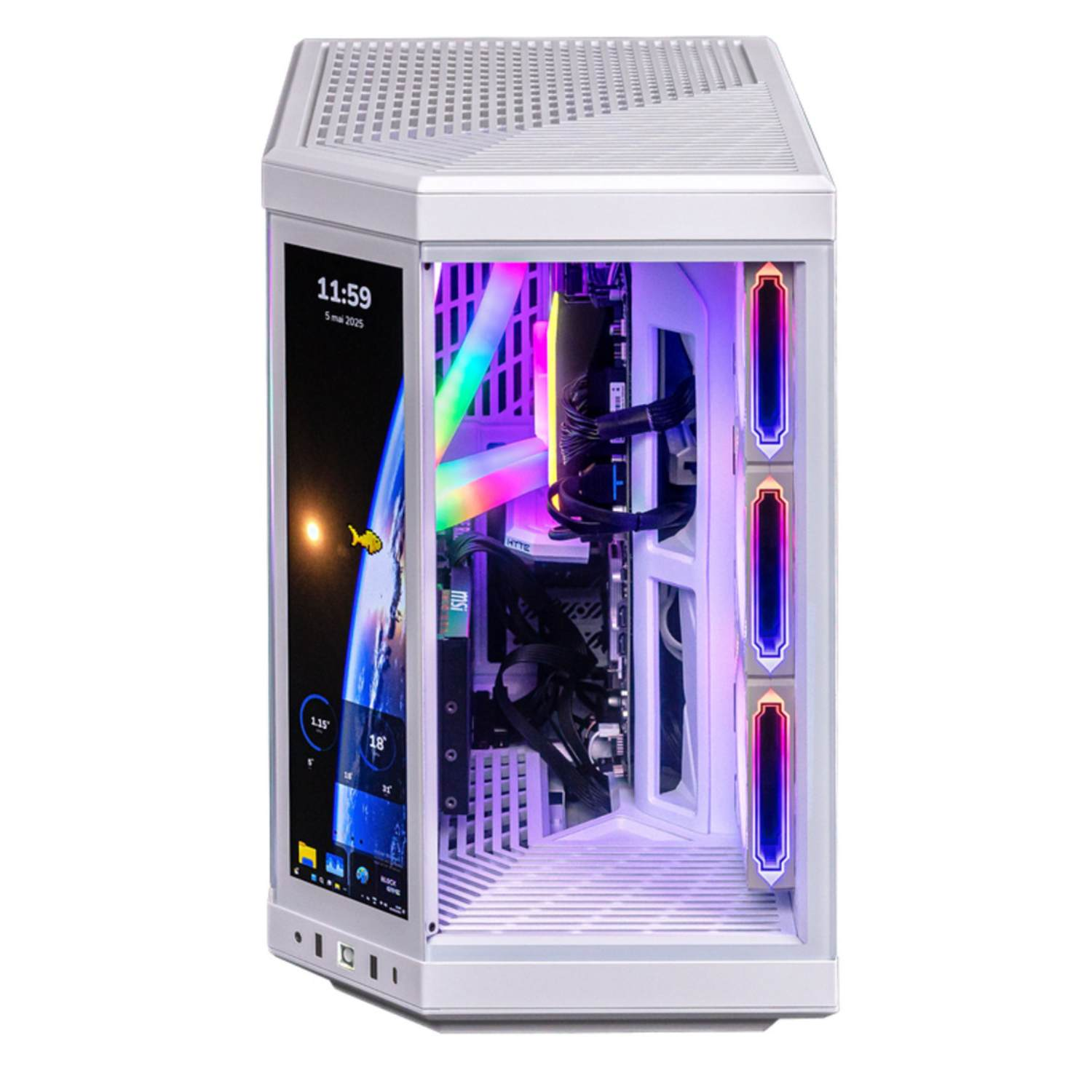 Boîtier PC blanc avec écran affichant l'heure et une image de la Terre. Composants internes visibles avec lumières colorées. Design futuriste.