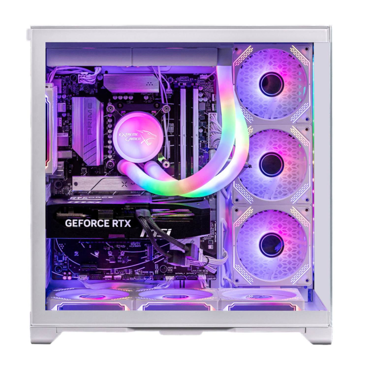 Binnenin een witte pc-kast lichten componenten op met RGB-verlichting. Ventilatoren, een grafische kaart en waterkoeling zijn zichtbaar.