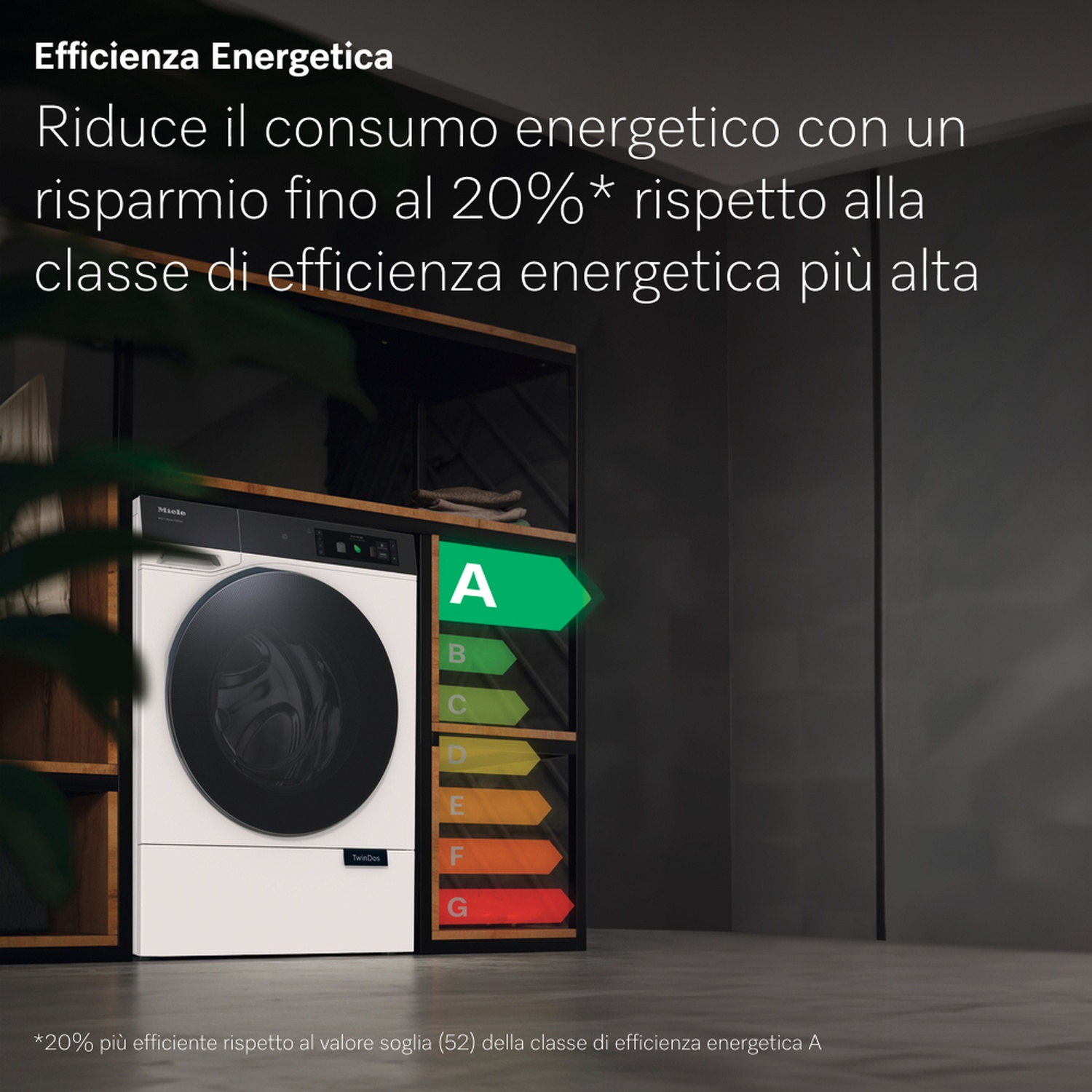 Una lavatrice bianca con porta nera è di fronte a un'etichetta di efficienza energetica.