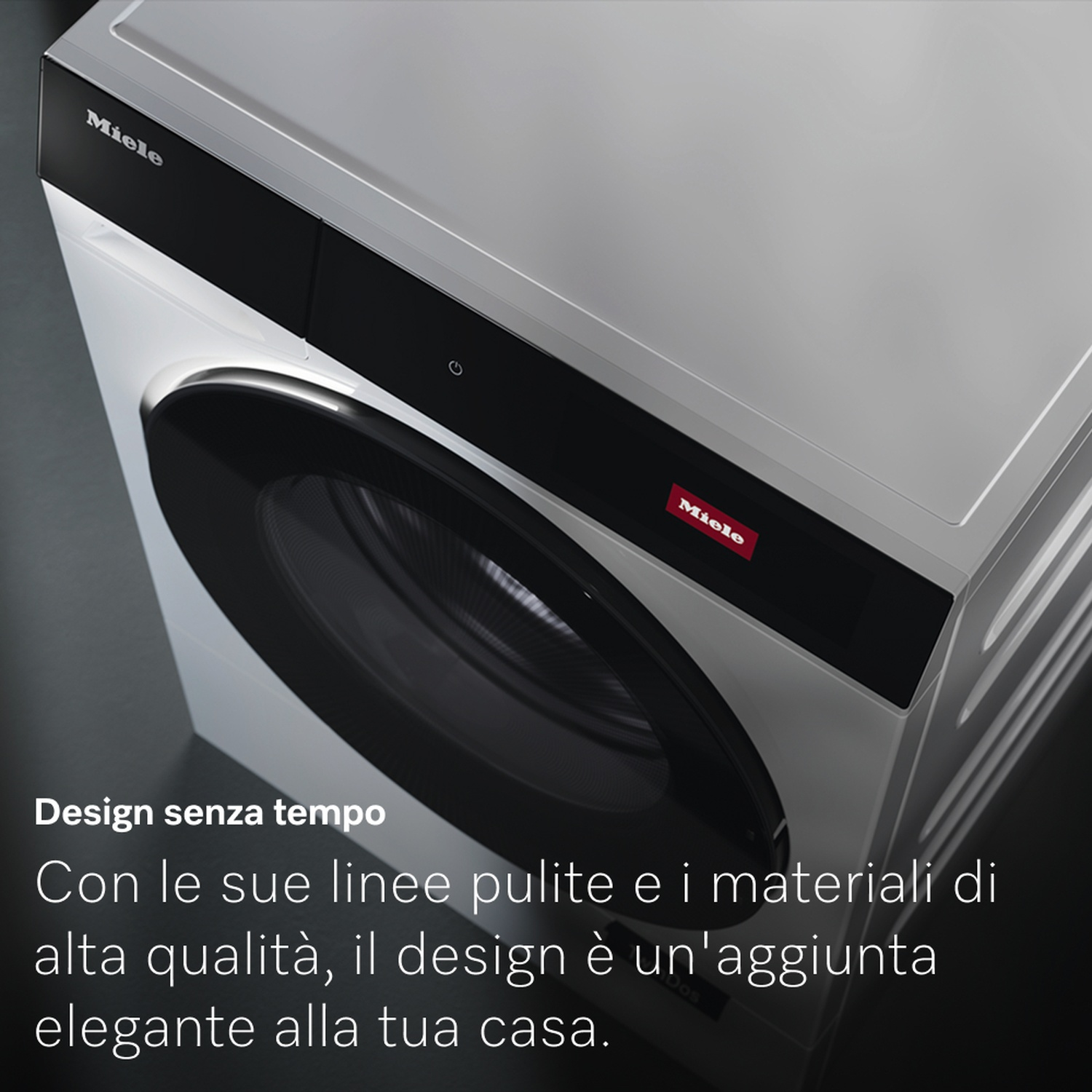 Una lavatrice Miele con porta e pannello superiore neri. Il logo del marchio è visibile. Il testo recita 'Design senza tempo'.