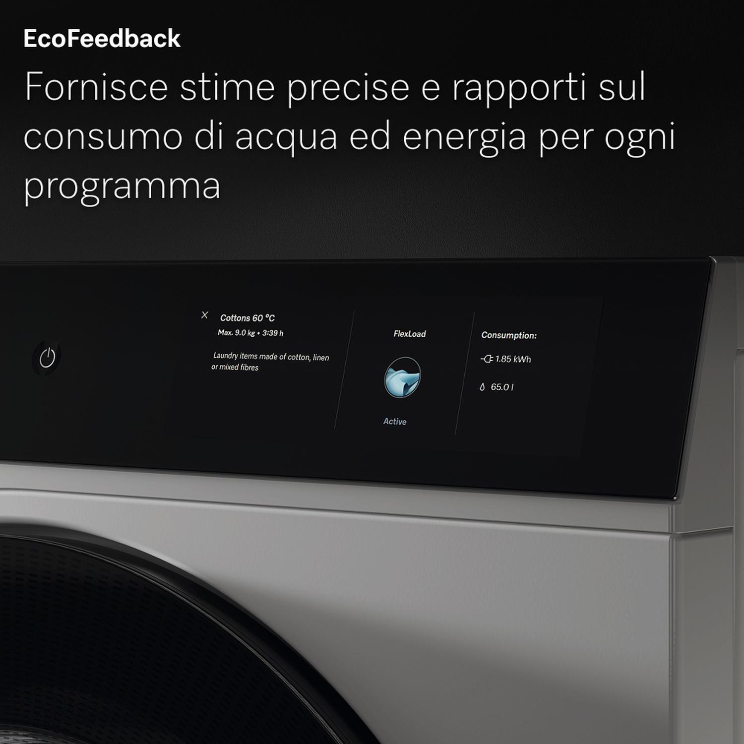 Un pannello di controllo della lavatrice mostra il programma attivo: Cotone 60°C. Mostra il consumo energetico e le opzioni FlexLoad.