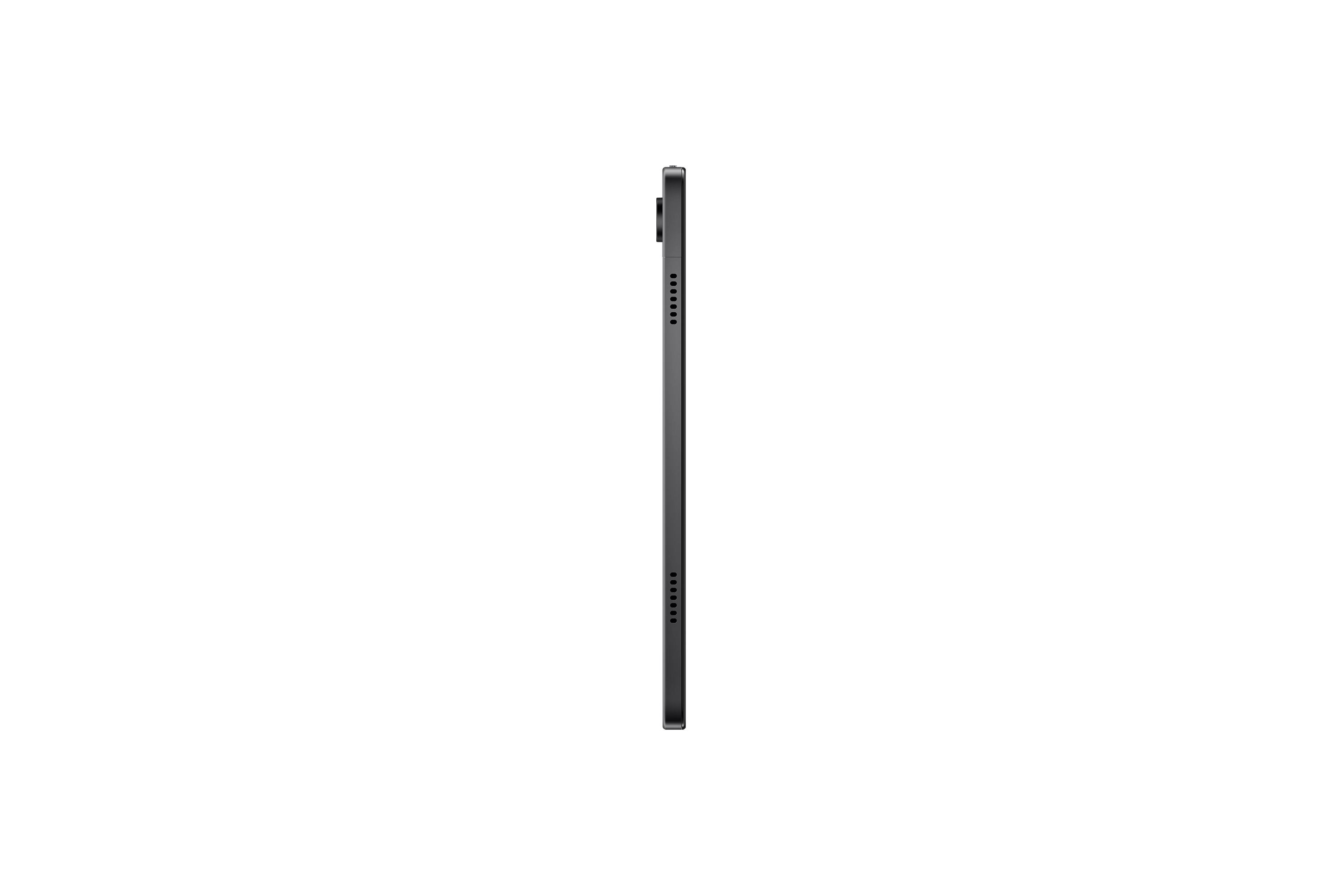 Karanlık gri bir tablet yan taraftan, siyah arkaplan üzerinde. Bağlantı noktaları ve kamera görünüyor.