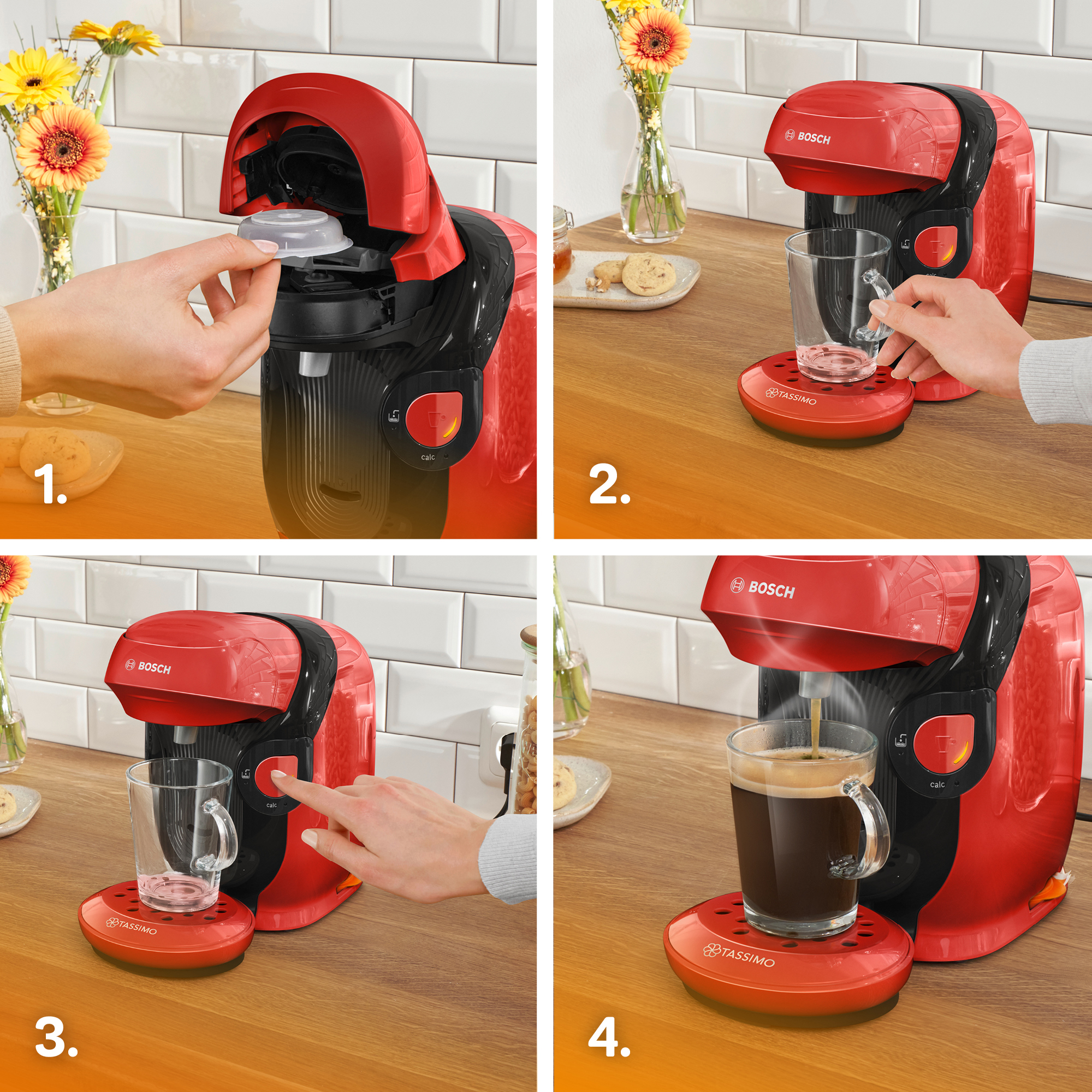 Una cafetera roja prepara una bebida. Una mano inserta una cápsula, pone una taza y pulsa un botón. El café se prepara.