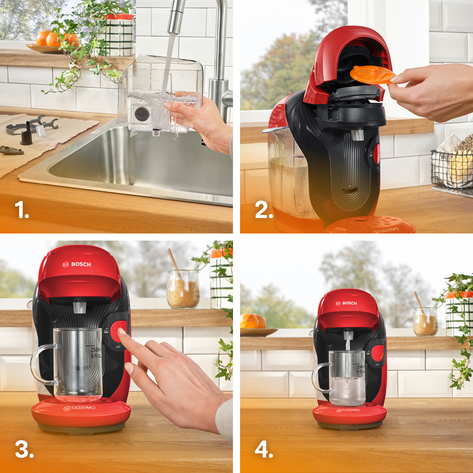 Una secuencia de pasos de preparación de la cafetera. Llenar agua, insertar una cápsula, preparar café en un vaso y el café final.