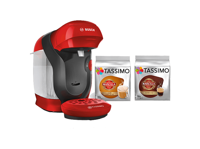 Cafetera de cápsulas - Bosch Tassimo Style TAS113EC, 3.3 bar, 0.7 l, 1.400 W, Intellibrew, Regalo 2 Packs Café Marcilla, Sostenible, Rojo