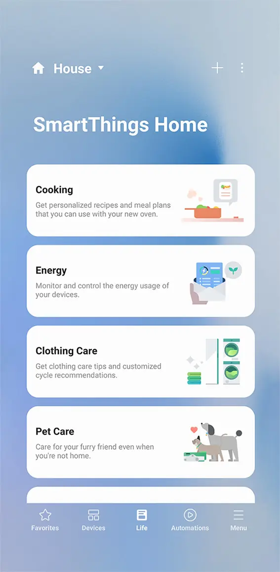 Mobilalkalmazás SmartThings Home funkciókkal: főzés, energia, ruházat ápolása és kisállatgondozás, alul navigációval.