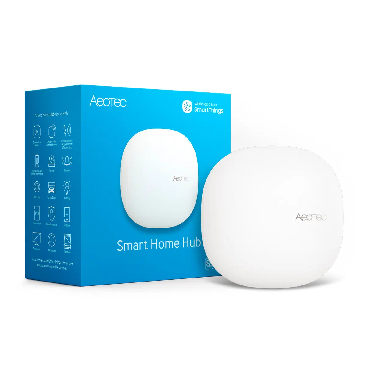 Egy fehér Smart Home Hub eszköz és doboza, amely a funkciókat és az Aeotec márkanevet mutatja. A doboz kék.