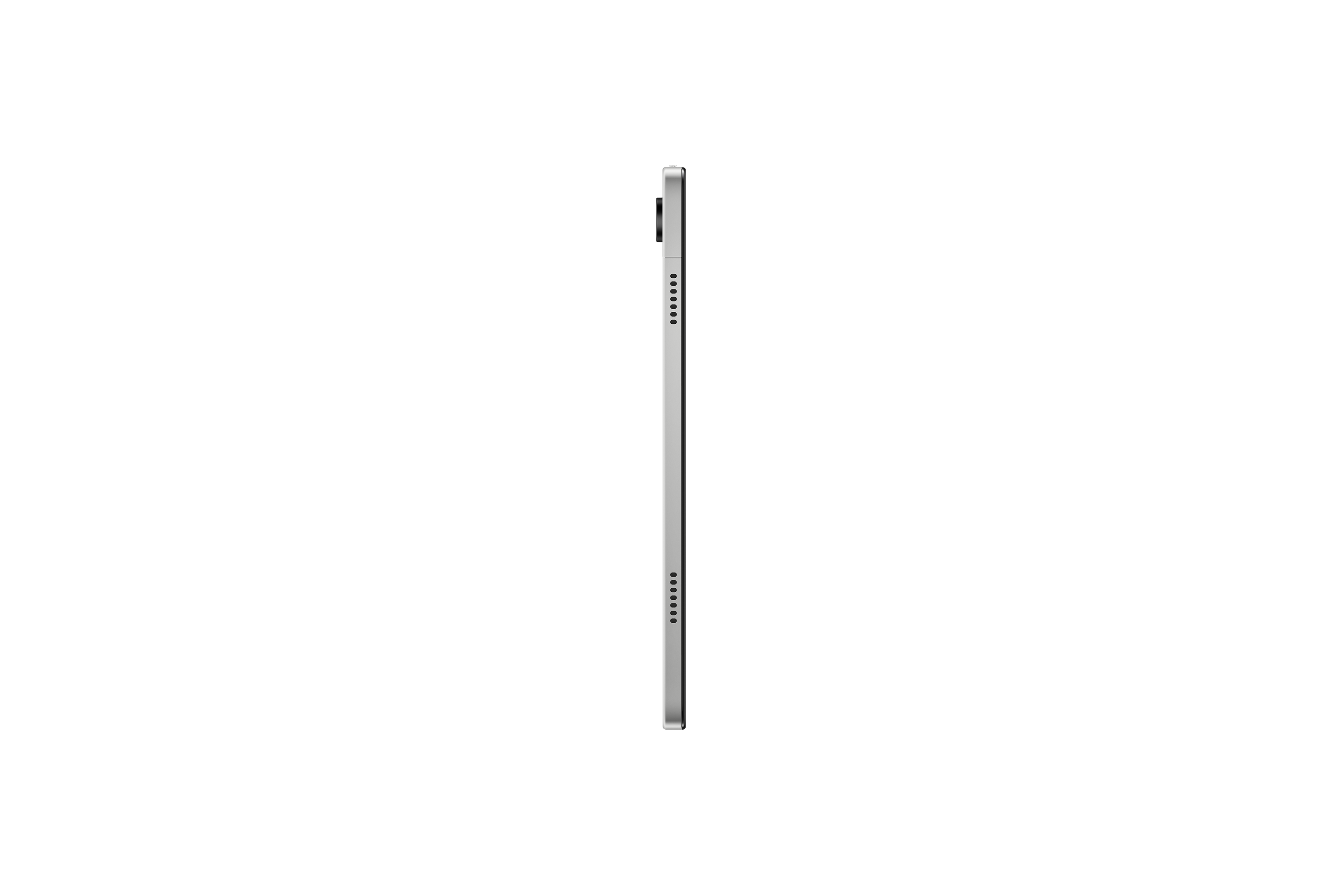 Gümüş bir tabletin yan görünümü. Tablet siyah bir arka plan üzerinde. Bir kamera ve hoparlör delikleri var.