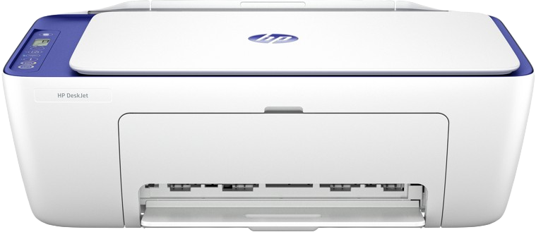 Una impresora HP DeskJet blanca con tapa azul. Tiene el logotipo de HP y una bandeja de salida de papel.