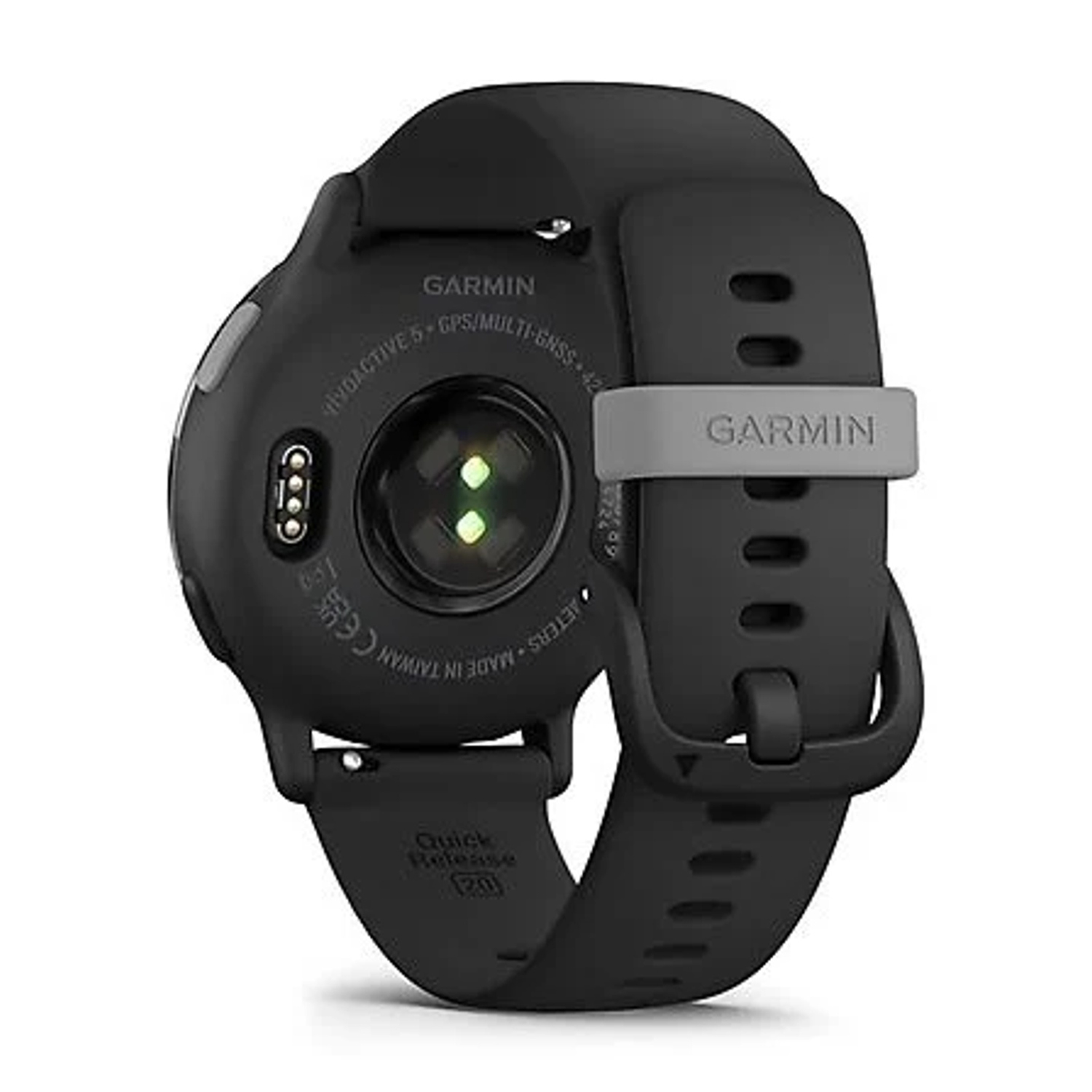 Smartwatch Garmin nera, vista posteriore. Include sensore di frequenza cardiaca, cinturino e logo Garmin. Il cinturino è allacciato.