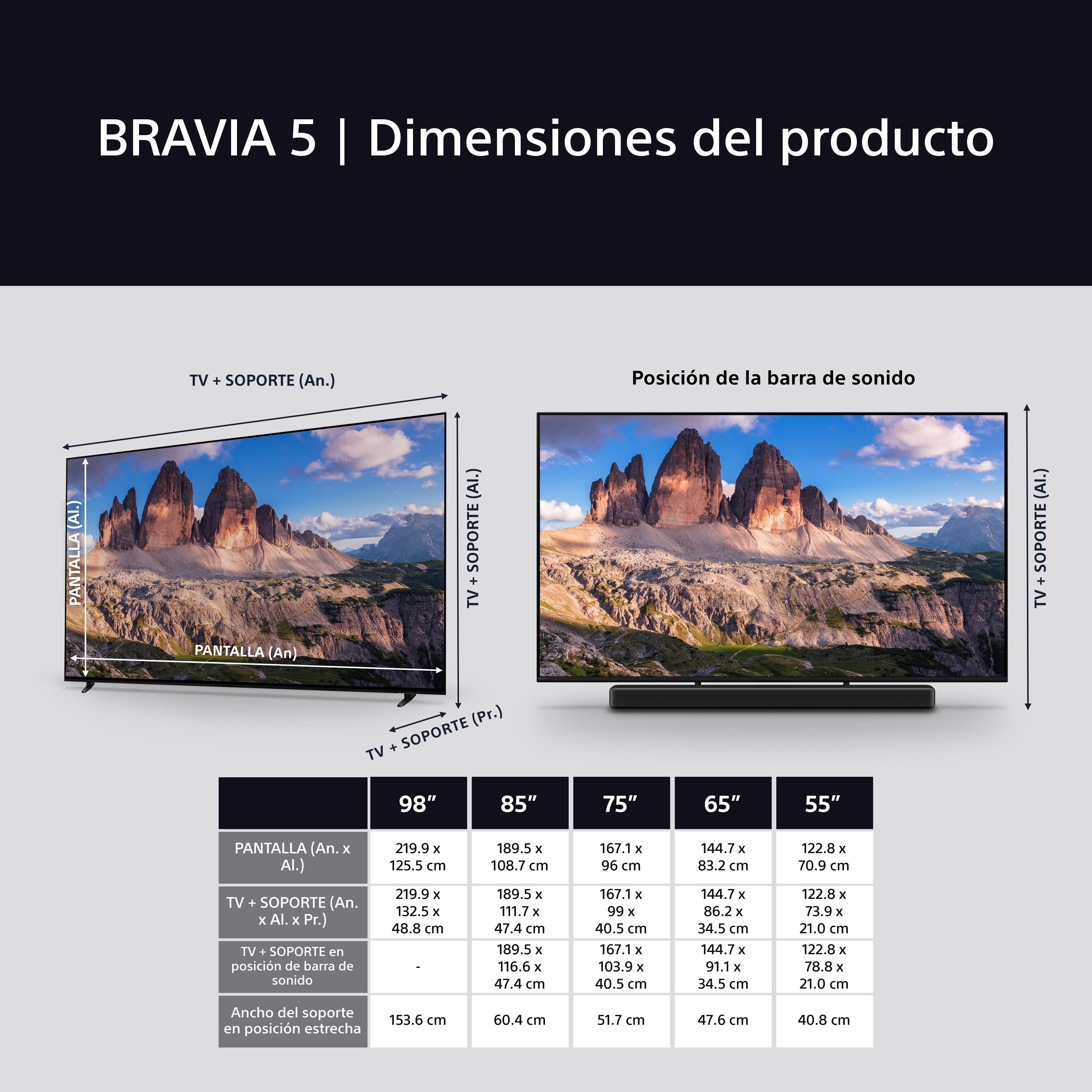 La imagen muestra un televisor con dimensiones y una barra de sonido. Texto: BRAVIA 5 | Dimensiones del producto.