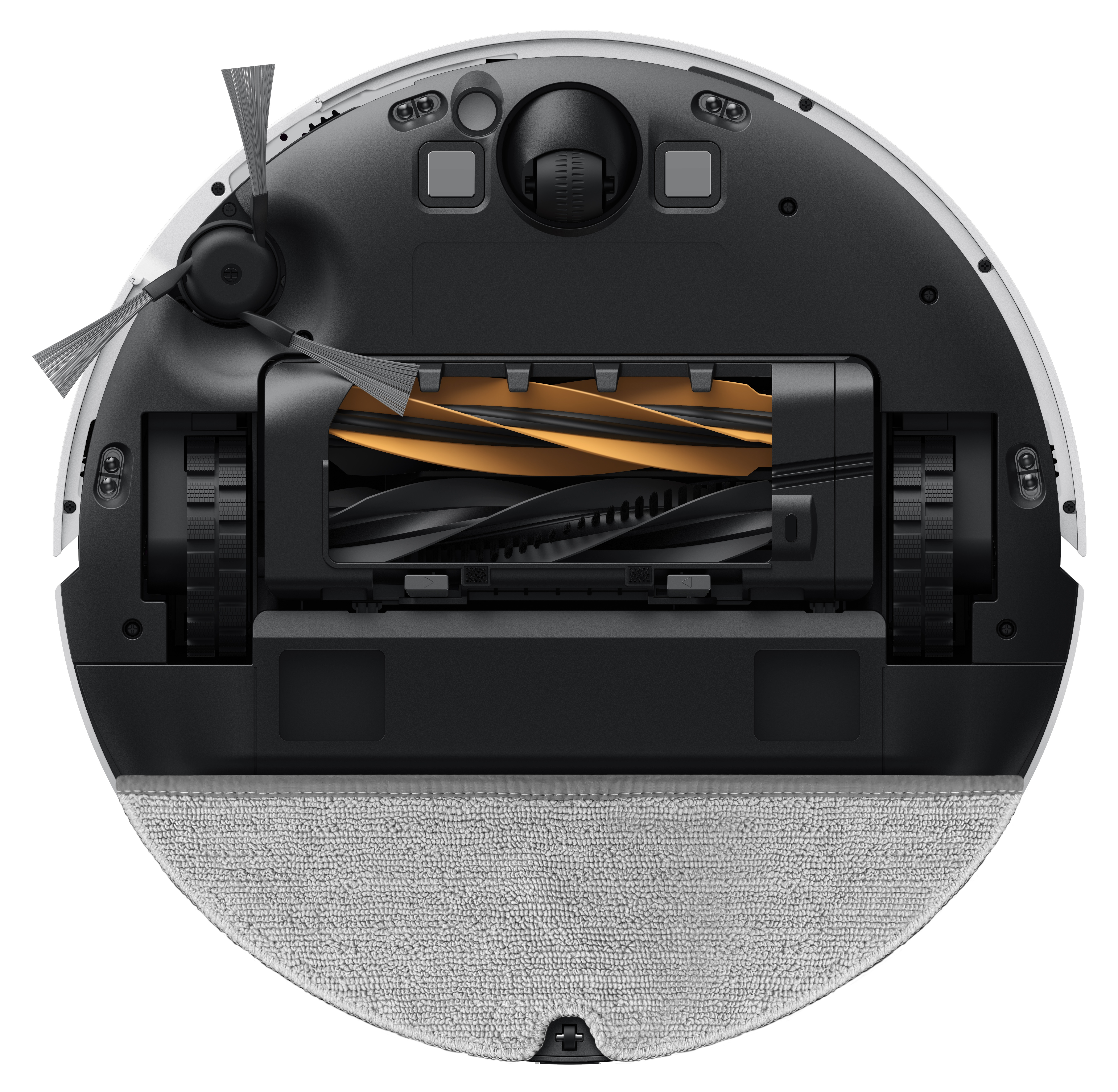 Robot odkurzający, okrągły kształt, biały i czarny. Zawiera szczotki, koła i elementy czyszczące. Widoczny element do mopowania.