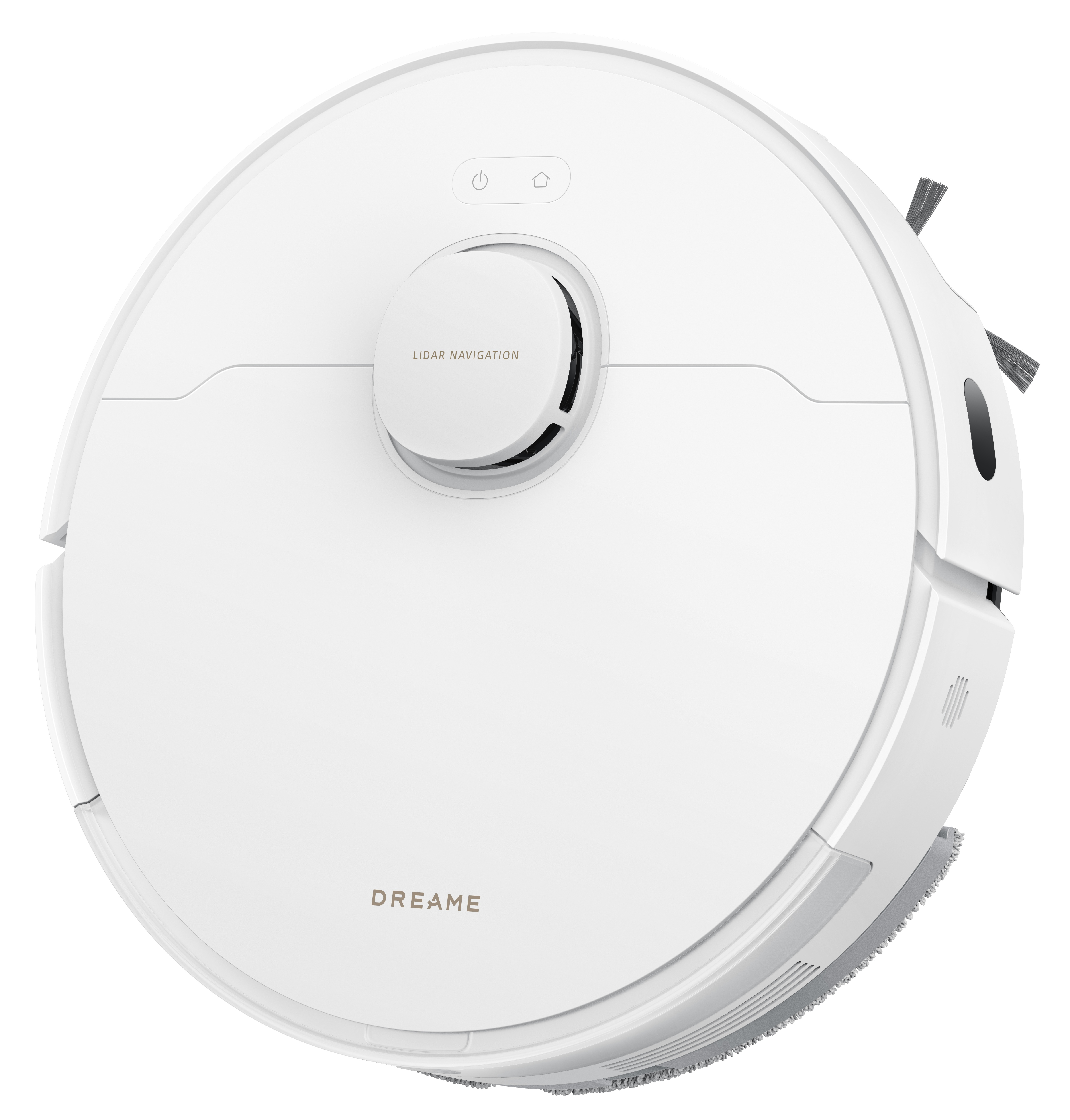 Biały odkurzacz automatyczny. Widok z góry, okrągła konstrukcja z czujnikiem nawigacji, przyciskiem zasilania i przyciskiem domu.