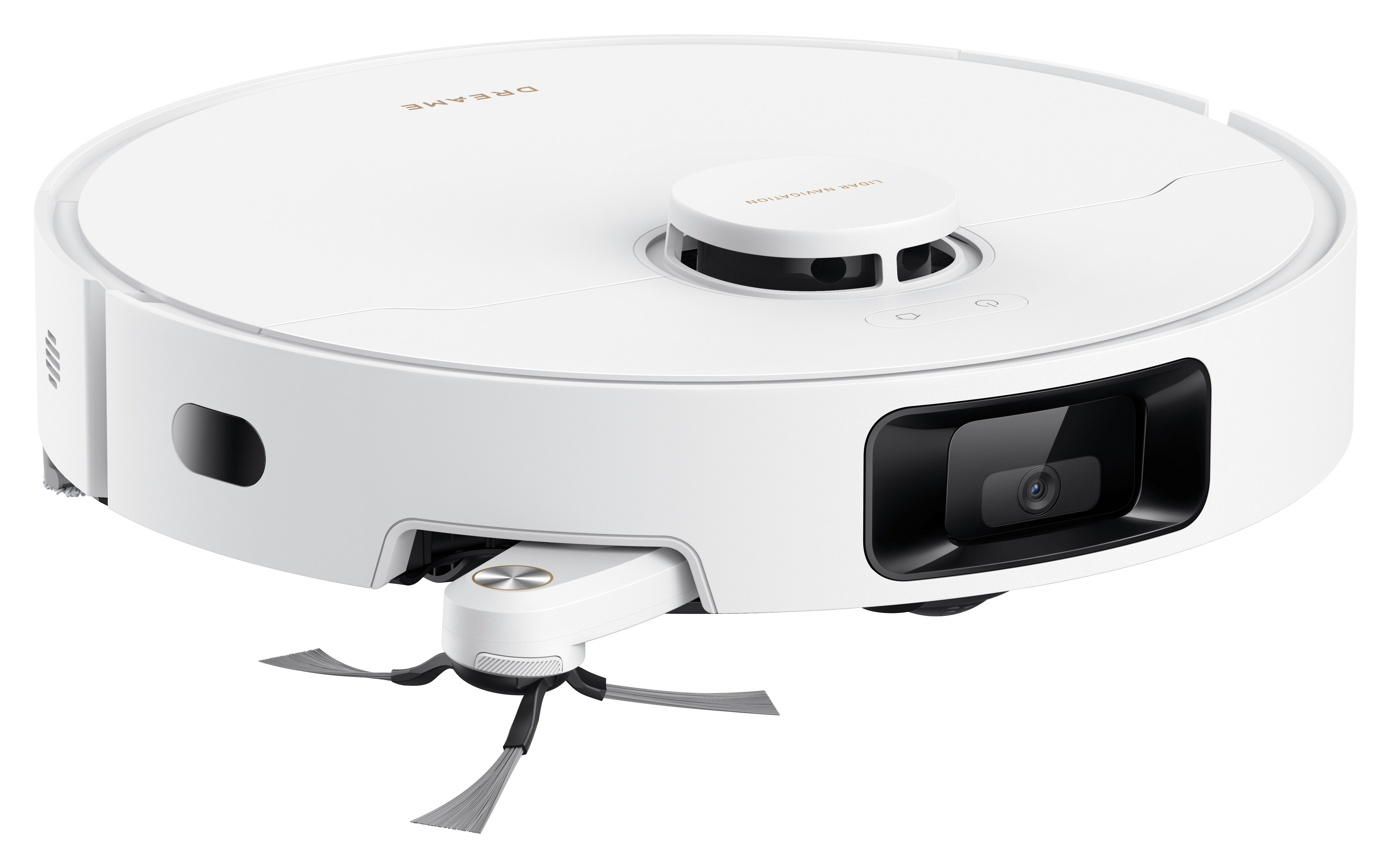 Biały robot odkurzający z okrągłym korpusem, czarną kamerą i obrotowymi szczotkami na białym tle.