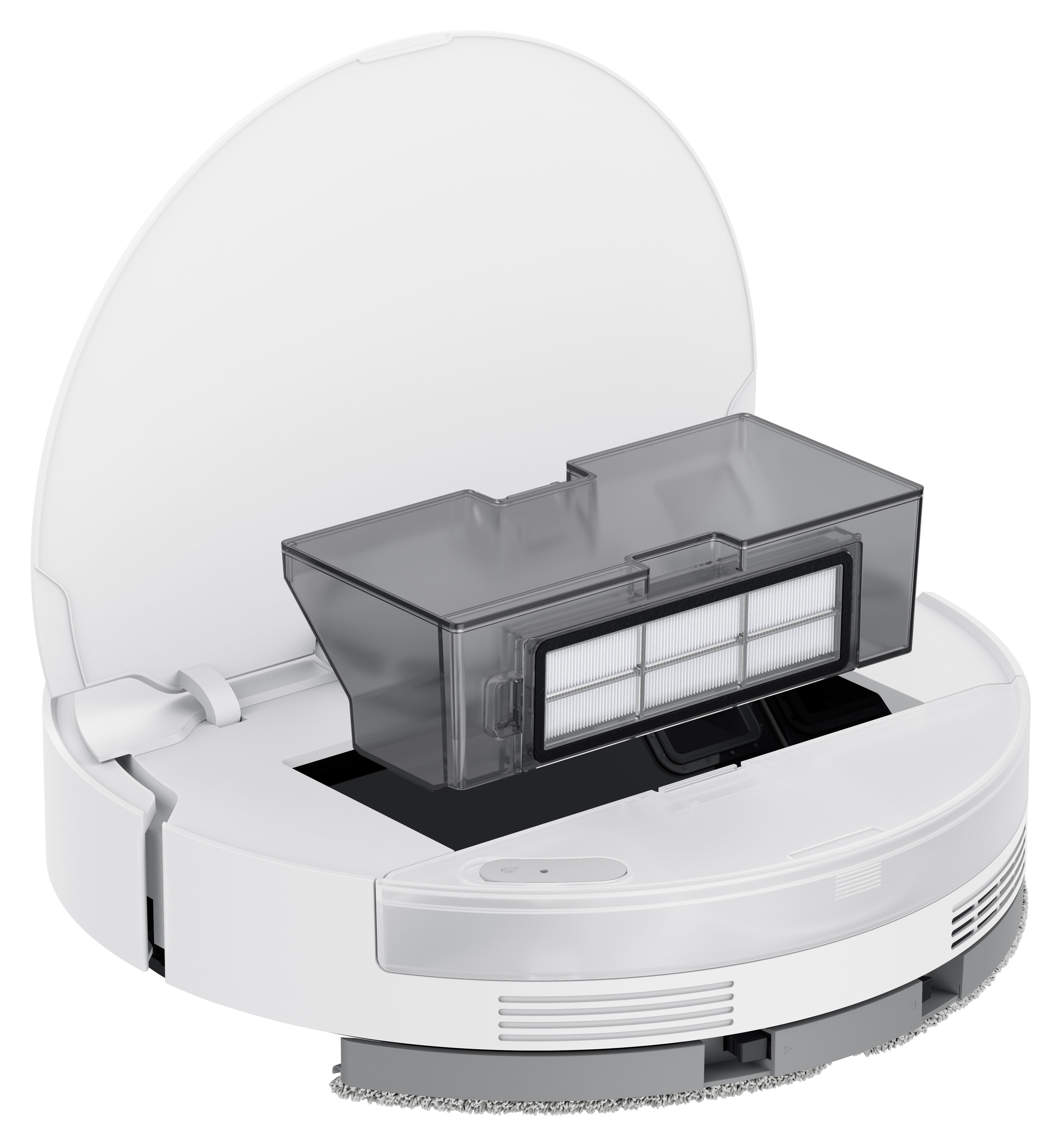 Biały robot odkurzający z otwartym, przezroczystym pojemnikiem na kurz. Filtr jest widoczny. Pokrywa jest otwarta. Szary mop.