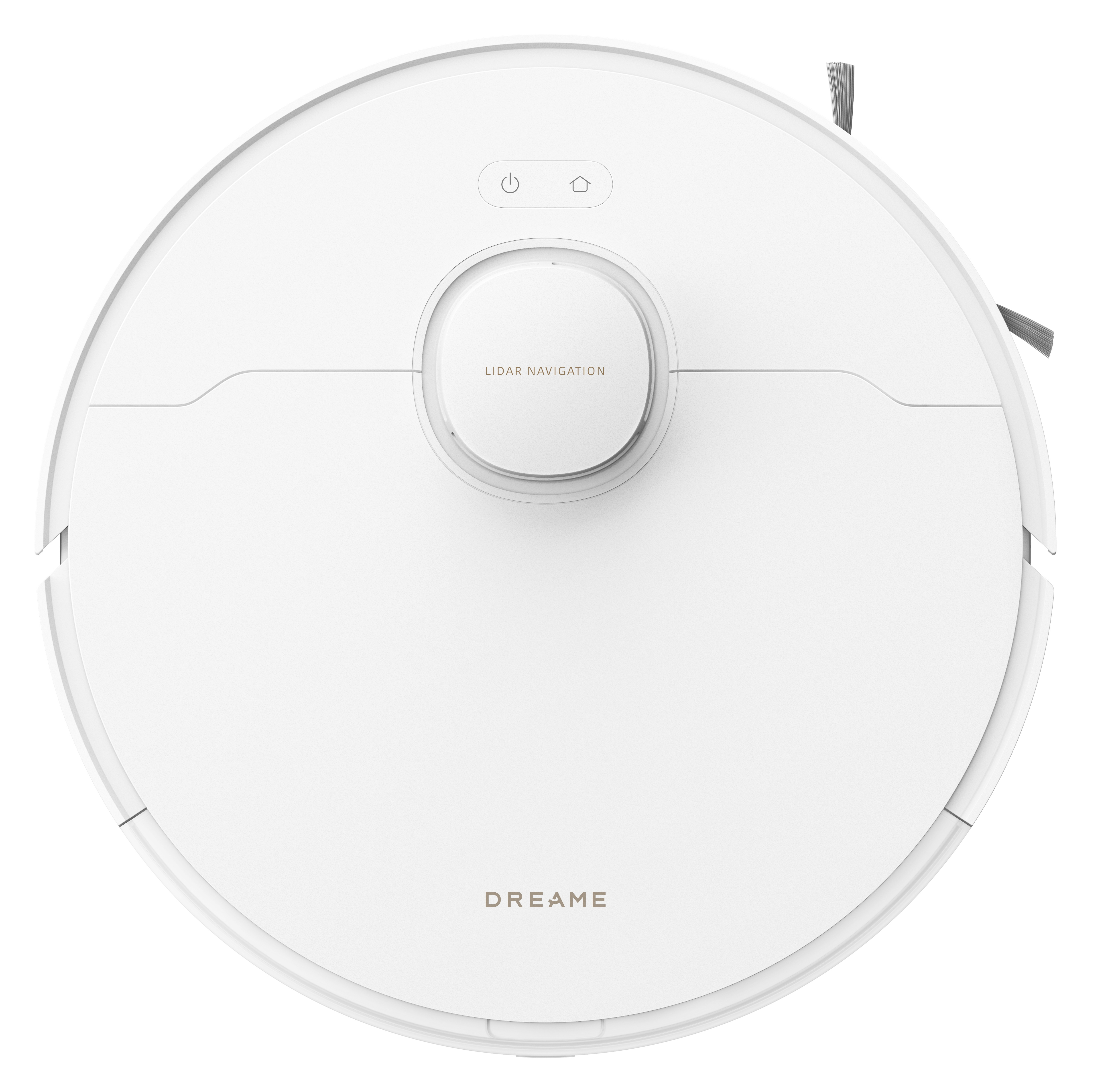 Biały robot sprzątający. Ma okrągły kształt z przyciskami, systemem nawigacji lidar i szczotką boczną.