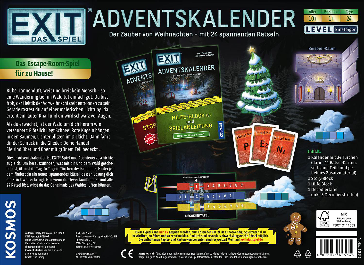 Adventskalender-Spielbox. Es hat den Spieletitel, einen Weihnachtsbaum und einige Karten.