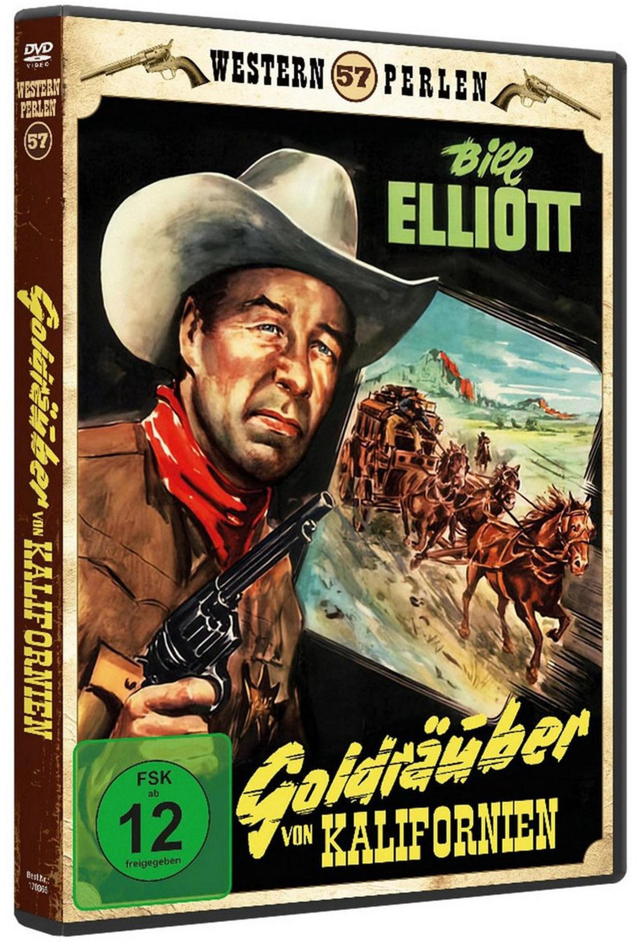 DVD-Cover. Cowboy mit Pistole, rotem Schal und Hut. Kutsche mit Pferden im Hintergrund. Titel: Goldräuber von Kalifornien.