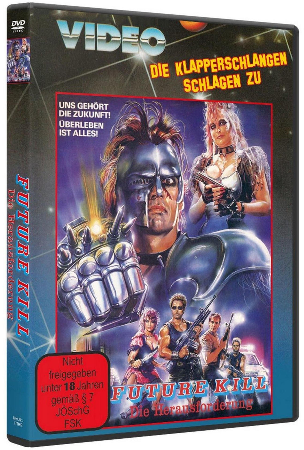 DVD-Cover für 'Future Kill'. Ein Cyborg und eine Frau mit einer Pistole stehen im Mittelpunkt. Weitere bewaffnete Figuren und Text auf Deutsch.