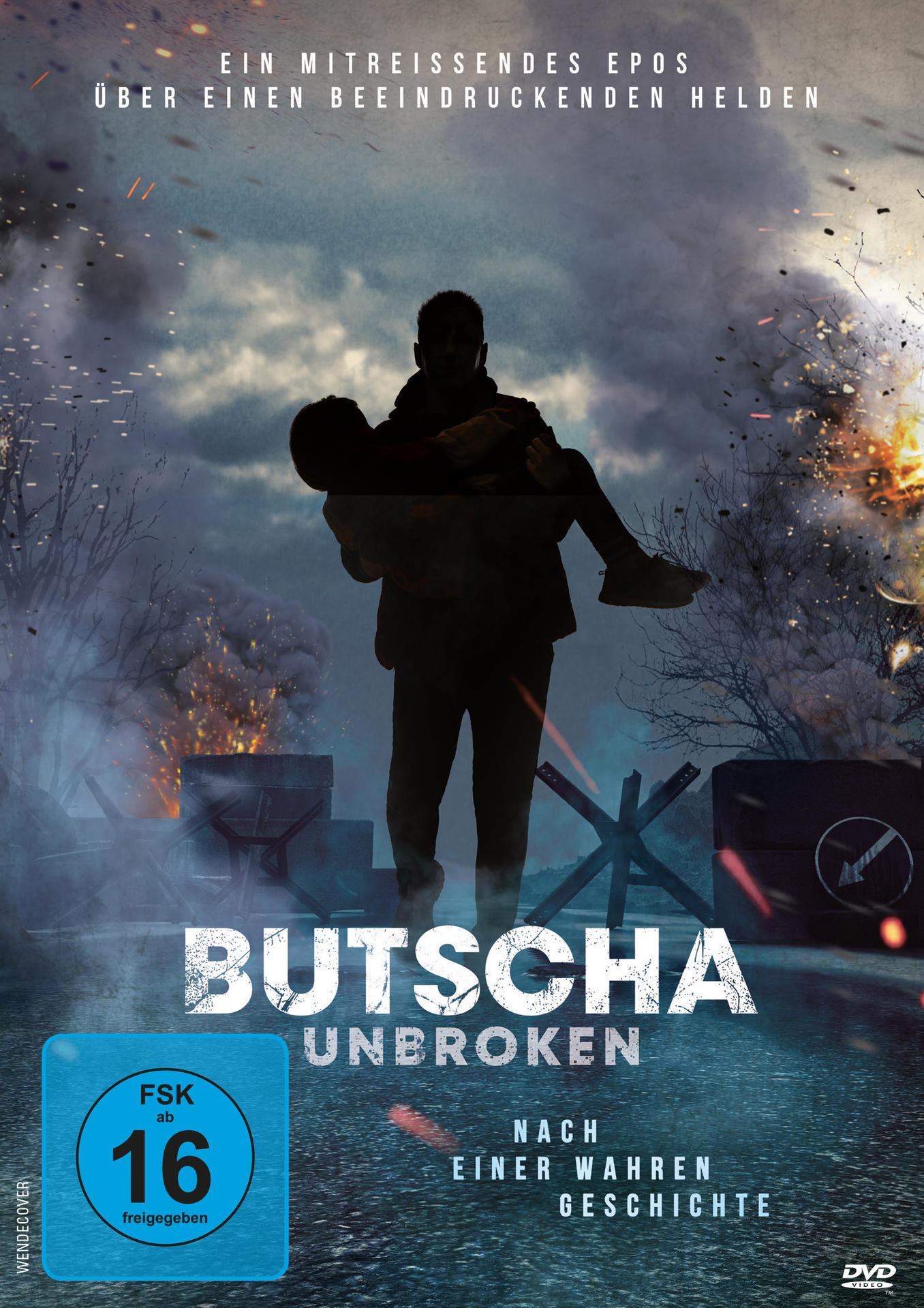 Filmposter. Ein Mann trägt einen anderen in einer Kriegsszene. Titel: Butscha Unbroken.