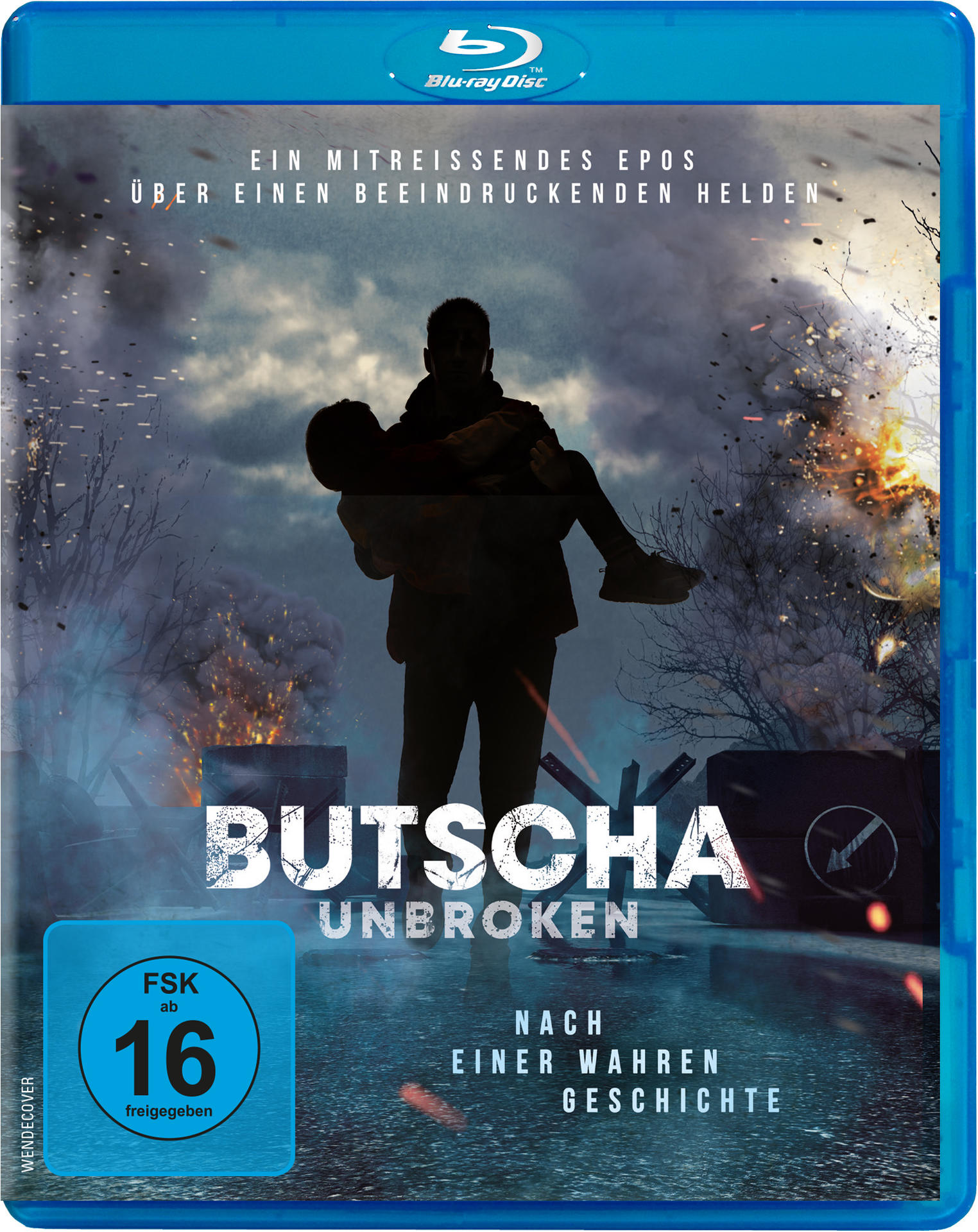 Filmcover: Mann trägt anderen, Explosionen im Hintergrund. Titel ist 'Butscha Unbroken'. Blu-ray Disc Logo oben.
