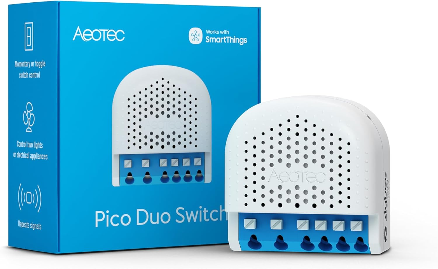 Egy fehér Pico Duo Switch kék dobozzal. A dobozon termékinformációk vannak, a kapcsoló pedig fehér felületen van.