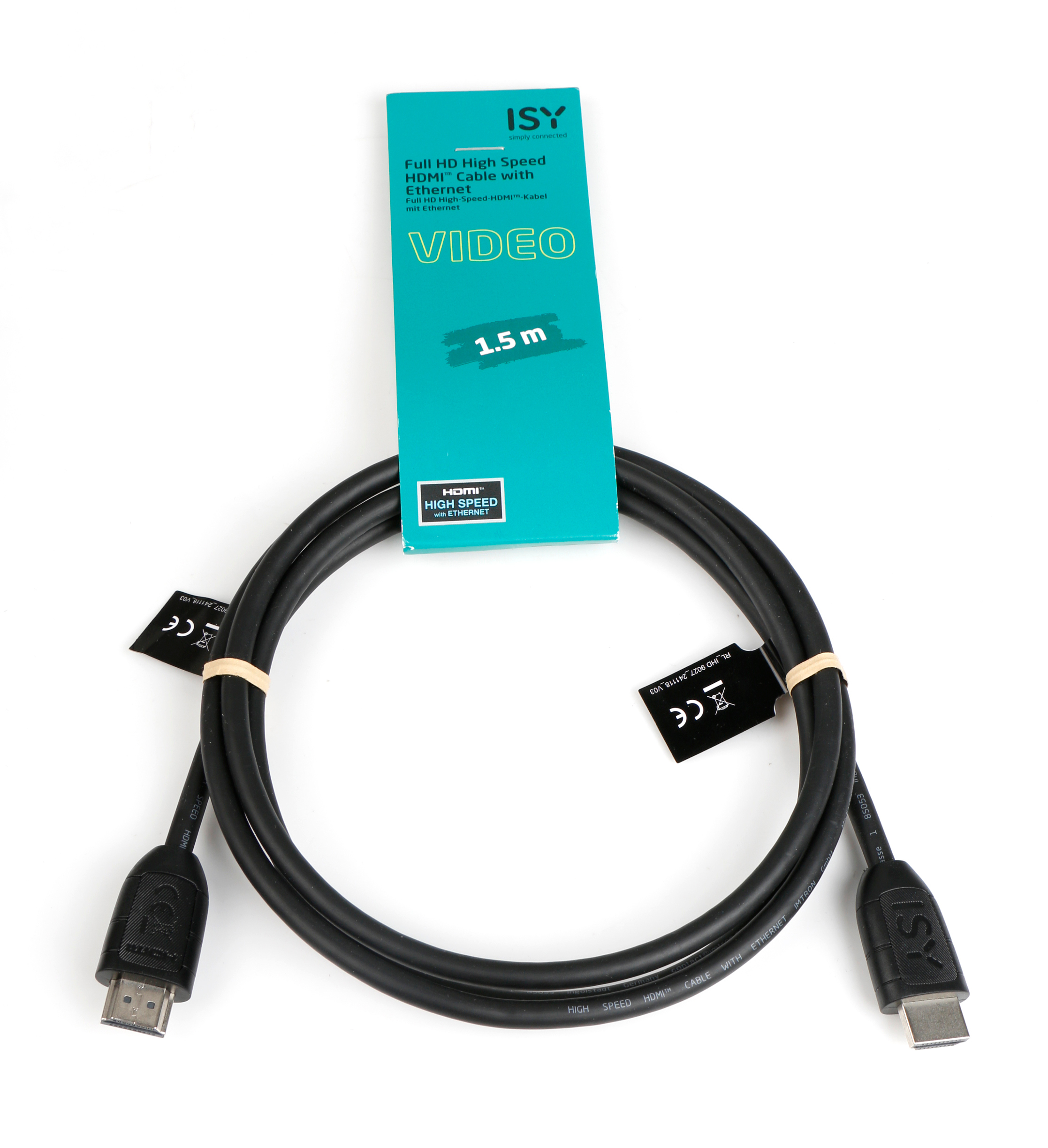 Czarny kabel HDMI z turkusową etykietą. Na etykiecie napis 'VIDEO' i '1,5 m'. Tło jest białe.