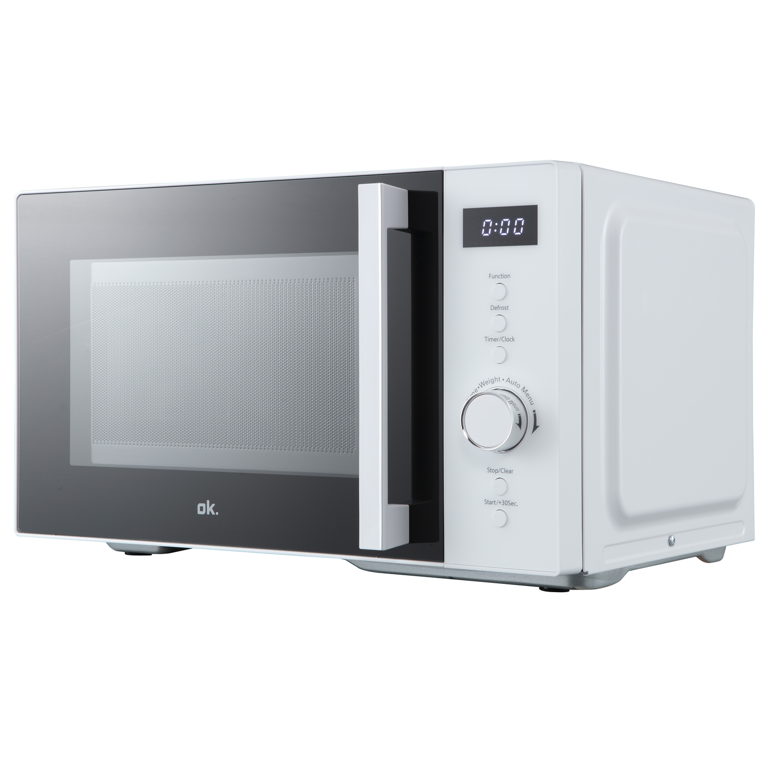 A white microwave oven with a black door and control panel. The display shows 0:00. Buttons include Function, Defrost, Timer/Clock.