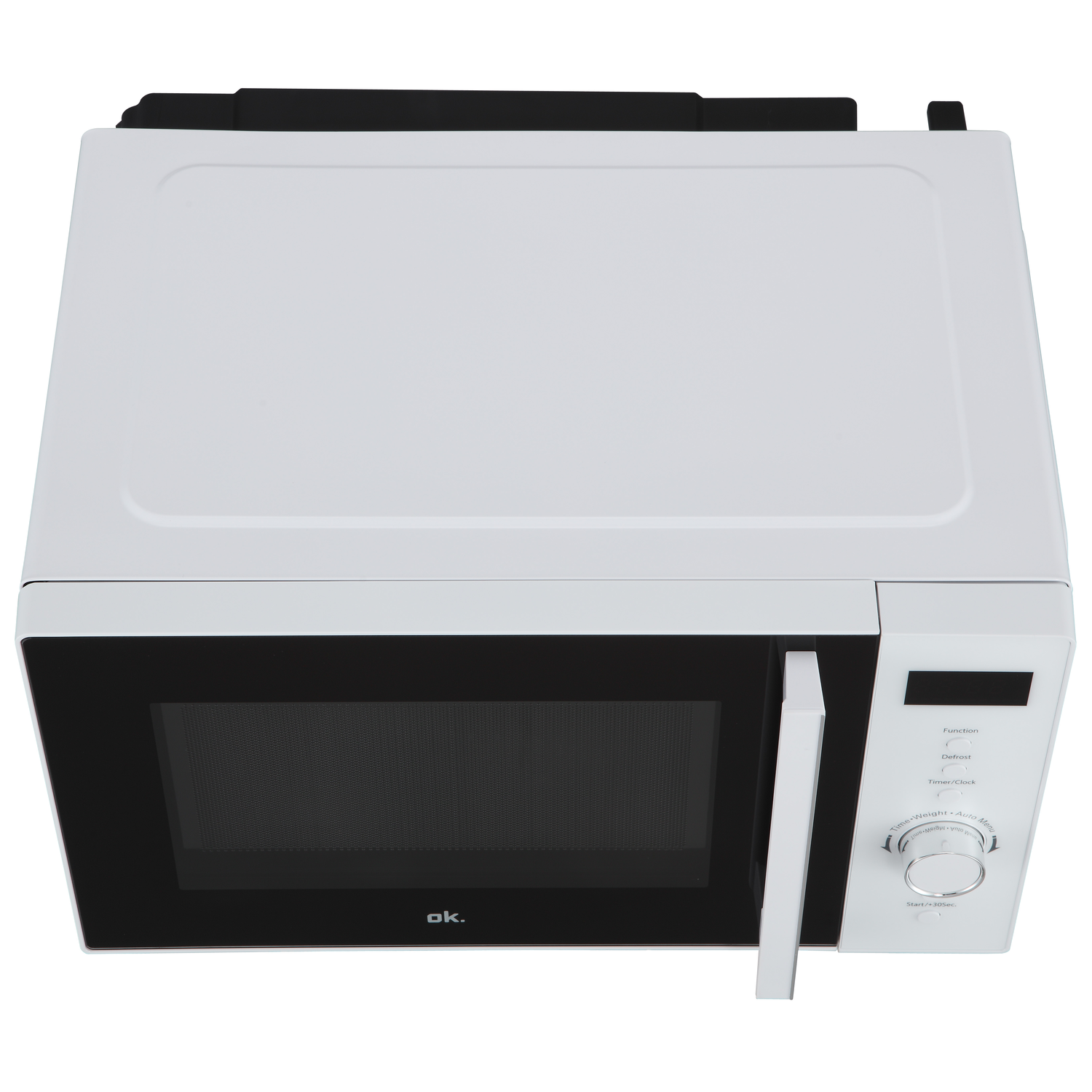A white microwave oven with an open door. It has a black door and control panel with buttons and a dial. The brand is 'ok.'