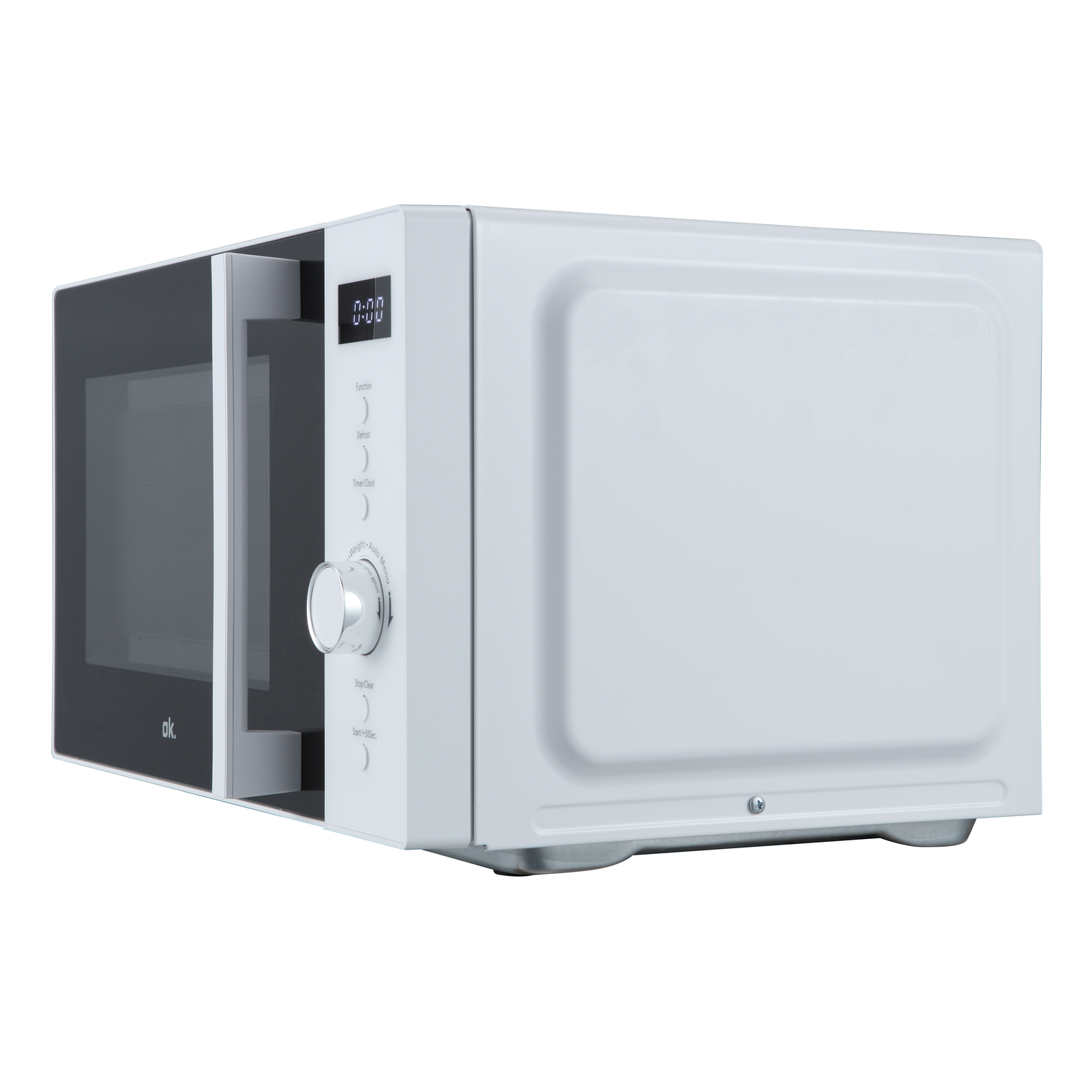 A white microwave oven with a black door, the door is open. It has a control panel and a digital display.