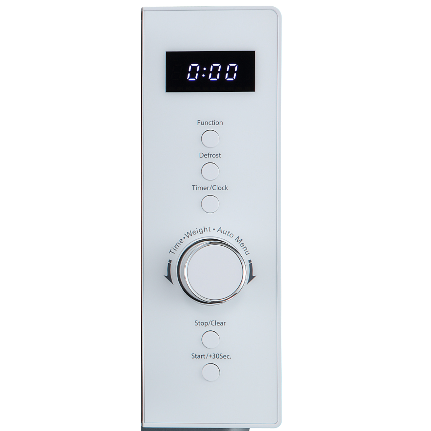 A white microwave control panel with buttons and a dial. The display shows 0:00. Buttons include function, defrost, timer/clock, start/+30sec.