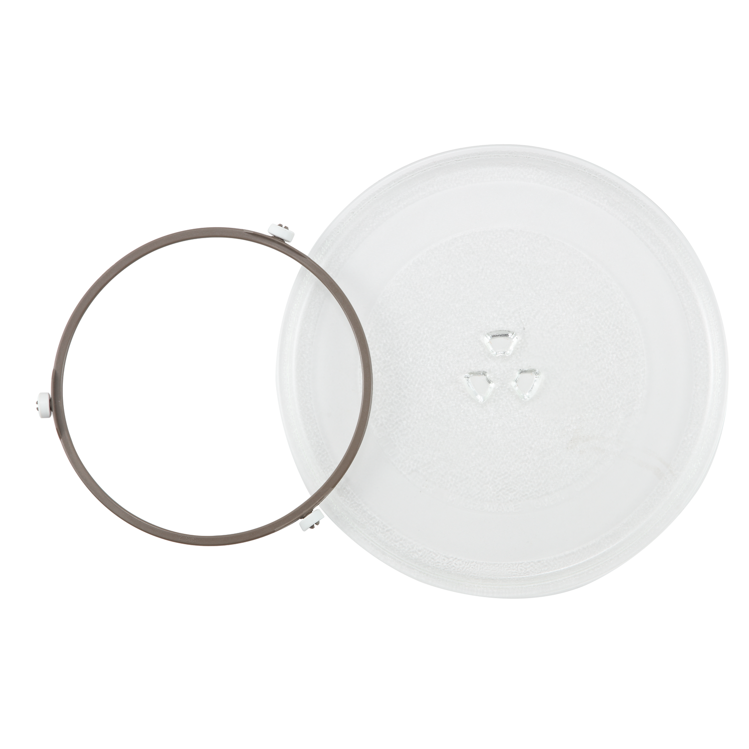 A microwave turntable and a brown roller ring are on a white background. The turntable is clear. The ring has white plastic parts.