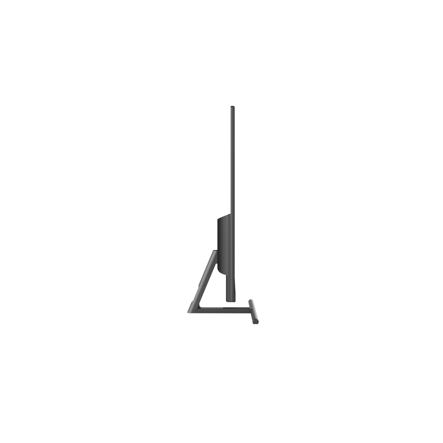A side view of a gray computer monitor on a black background. The monitor is slim and stands on a gray stand.