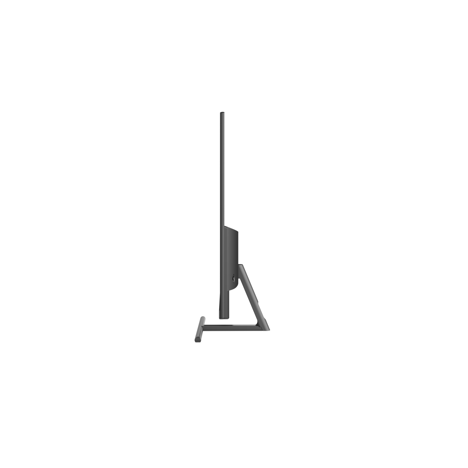 A side view of a computer monitor is shown, with a dark gray screen and a silver stand against a black background.