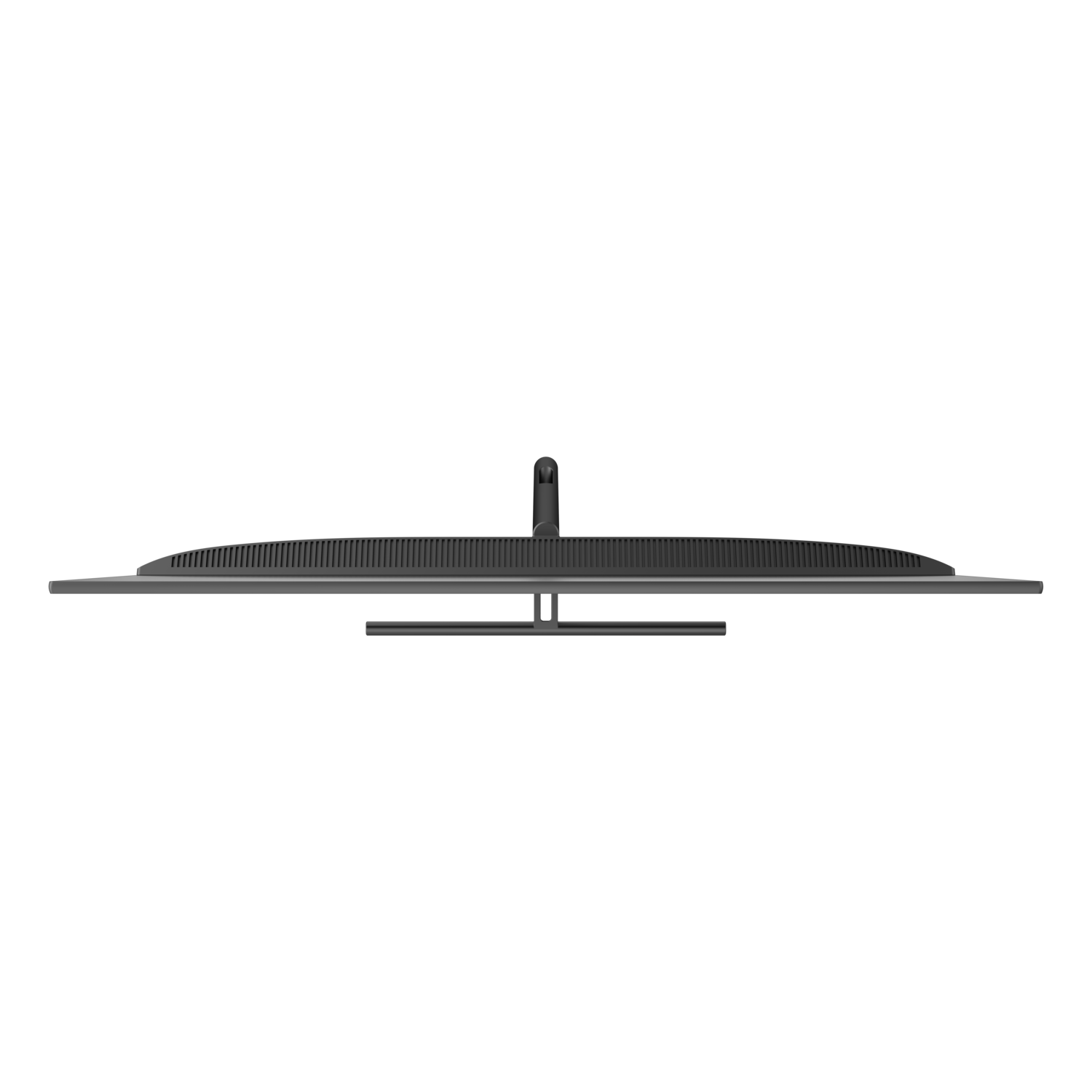 A monitor, viewed from above, is centered on a black background. The monitor has a thin silver frame and a black stand.