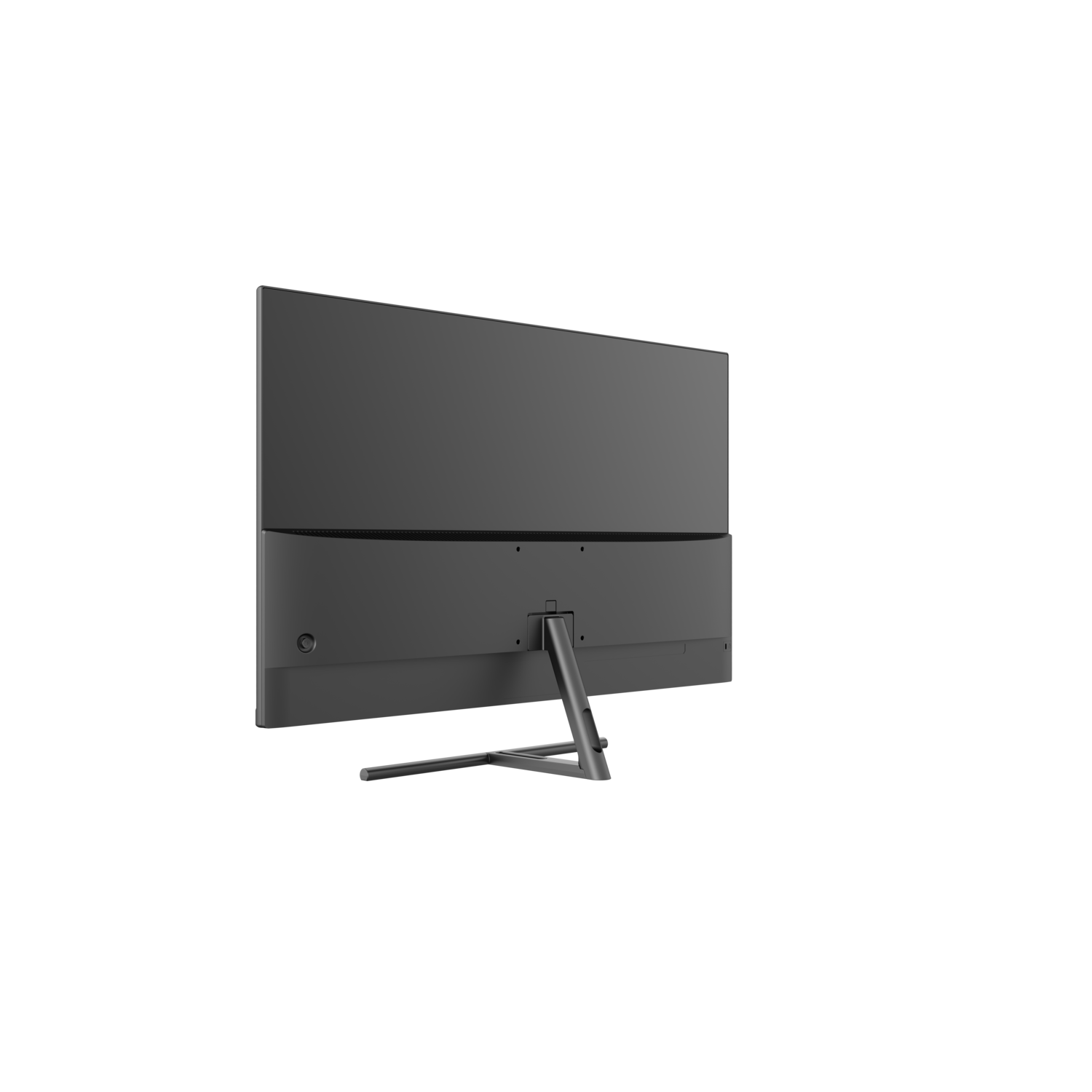 Rear view of a gray computer monitor on a black background. The monitor has a stand, a power button, and several ports.