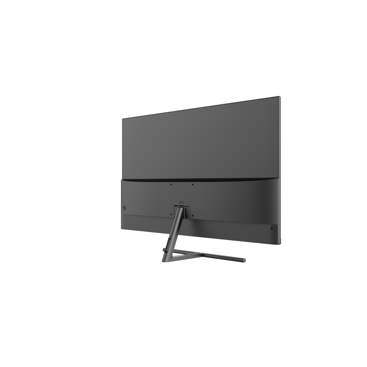 Rear view of a grey computer monitor on a black background. The monitor has a curved design and a silver stand.