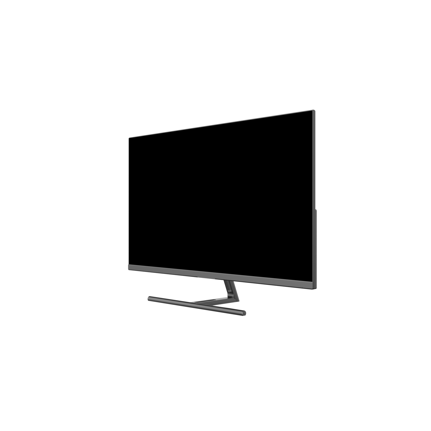 A silver-framed monitor on a black background. The monitor is angled, showing a dark screen and a stand.