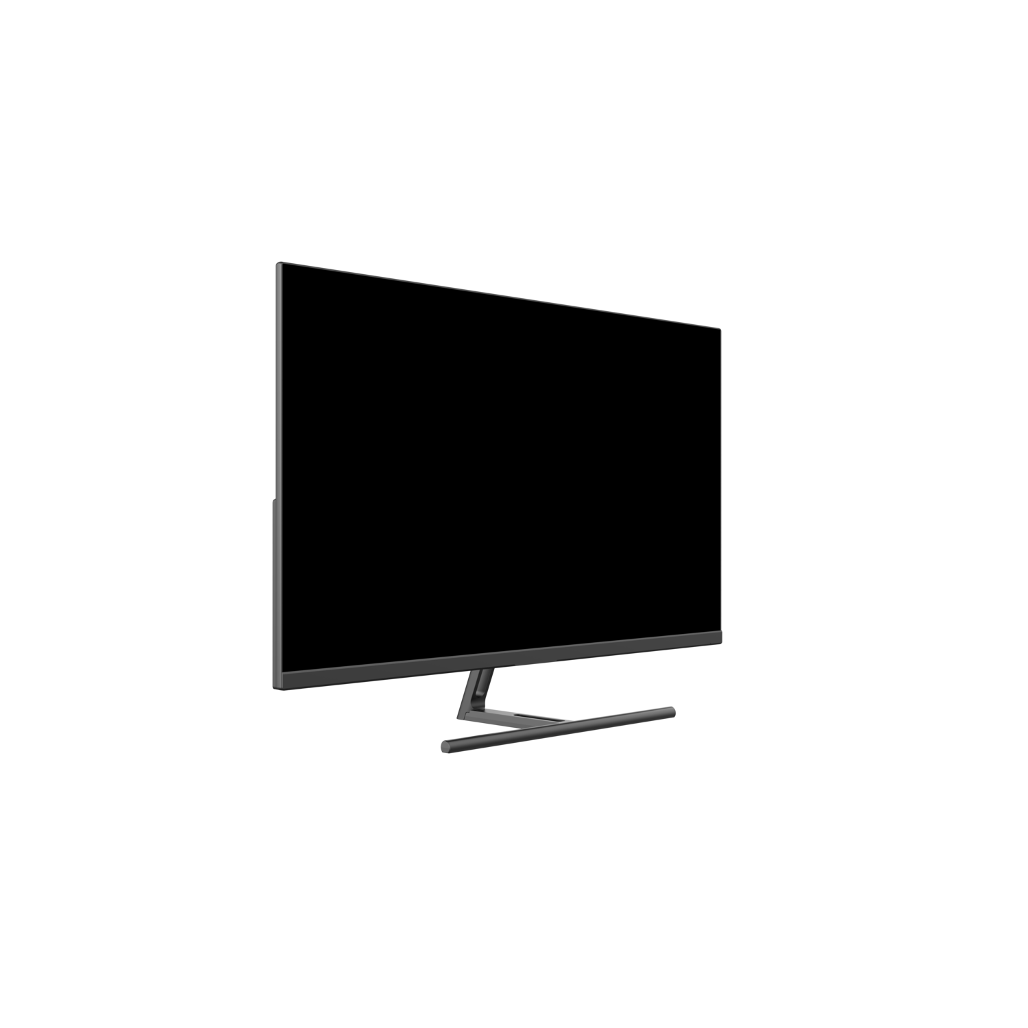 A black computer monitor with a silver stand. The screen is black. The background is also black.