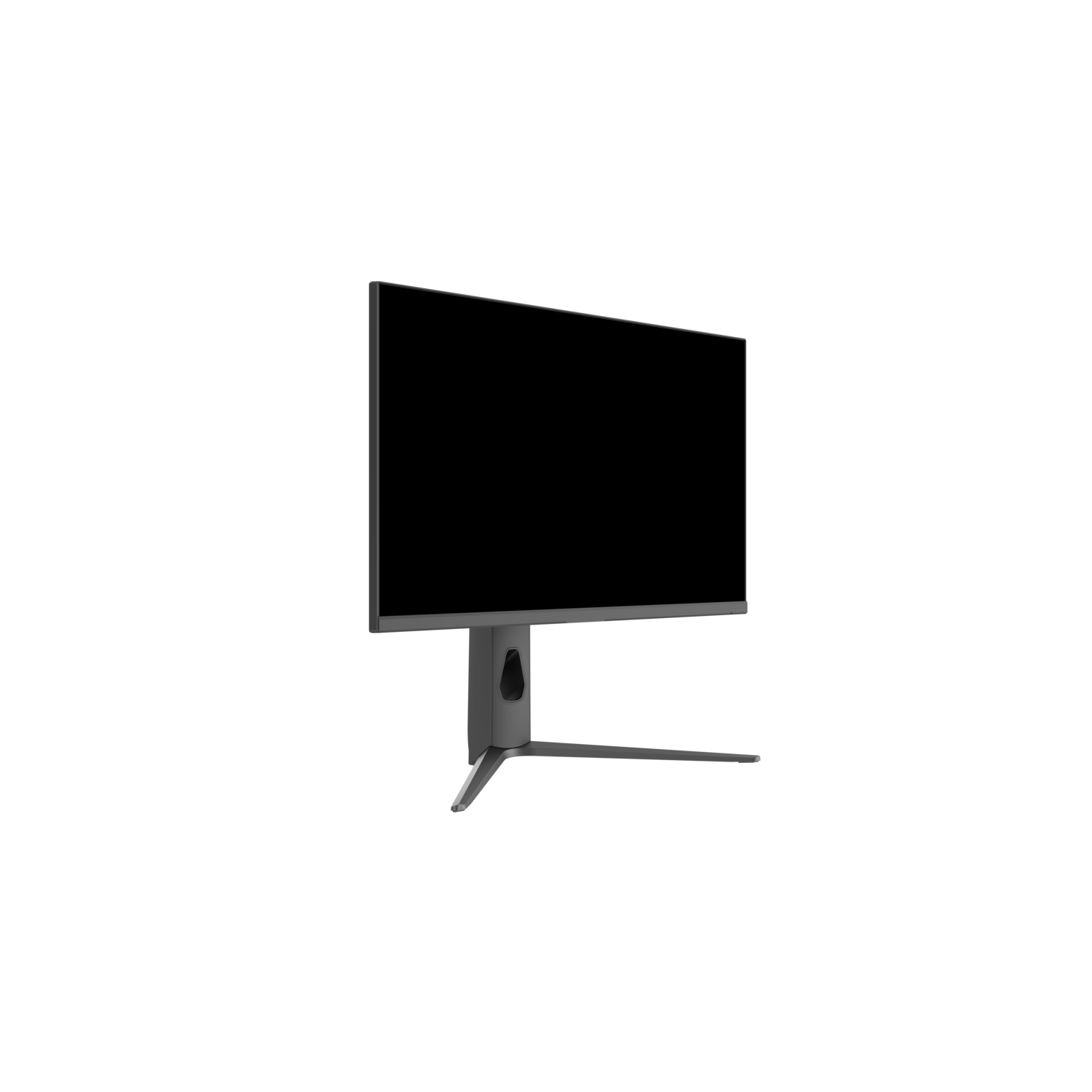 Een moderne computermonitor op een standaard. Het scherm is zwart en de standaard is grijs. De achtergrond is zwart.