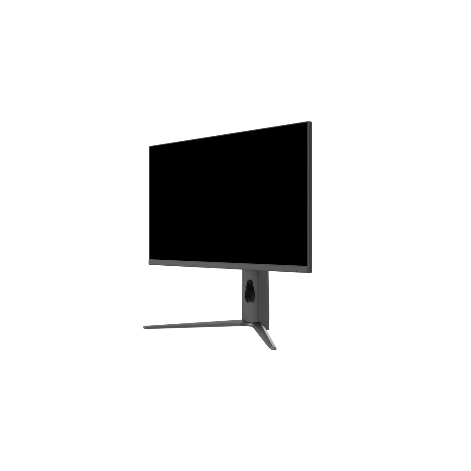 Een computermonitor tegen een zwarte achtergrond. Hij is grijs, met een zwart scherm en een standaard.