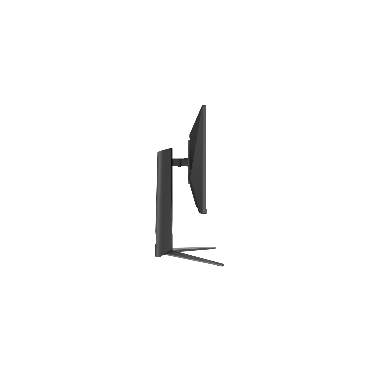 Zijaanzicht van een zwarte computermonitor. De monitor staat op een standaard tegen een zwarte achtergrond.