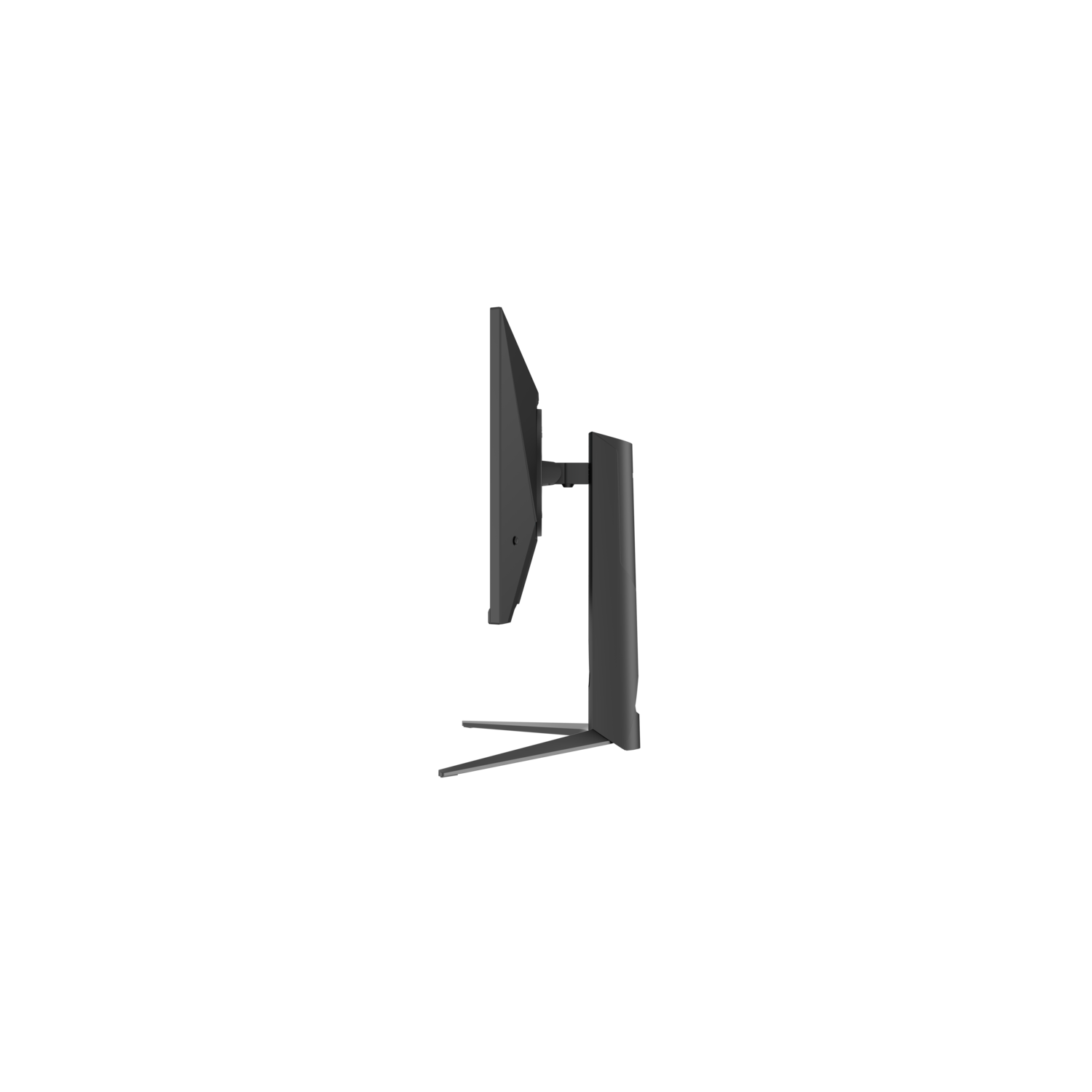 Zijaanzicht van een donkergrijze computermonitor. Het heeft een standaard en staat tegen een zwarte achtergrond.