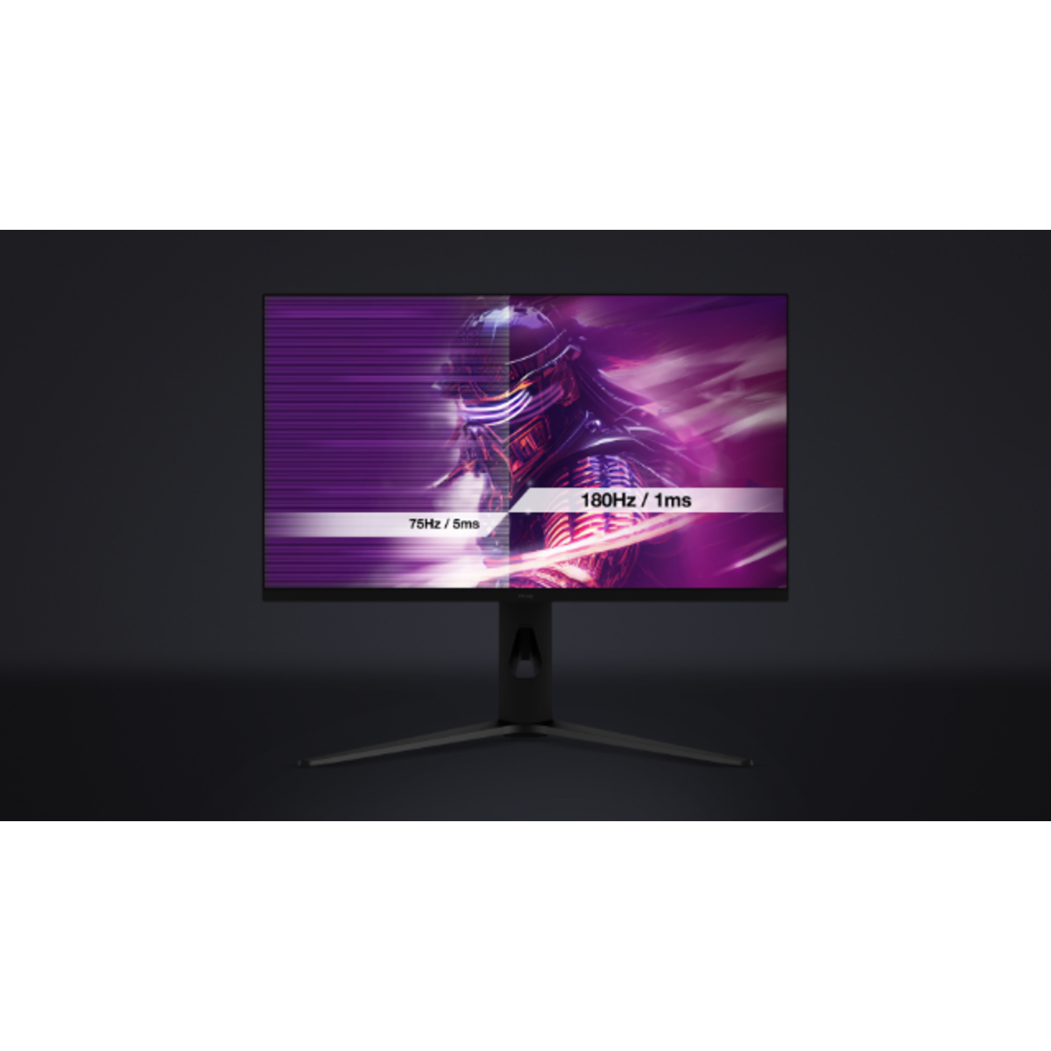 Een zwarte monitor toont een paarse afbeelding met een krijger, met links 75Hz/5ms en rechts 180Hz/1ms. Zwarte standaard.