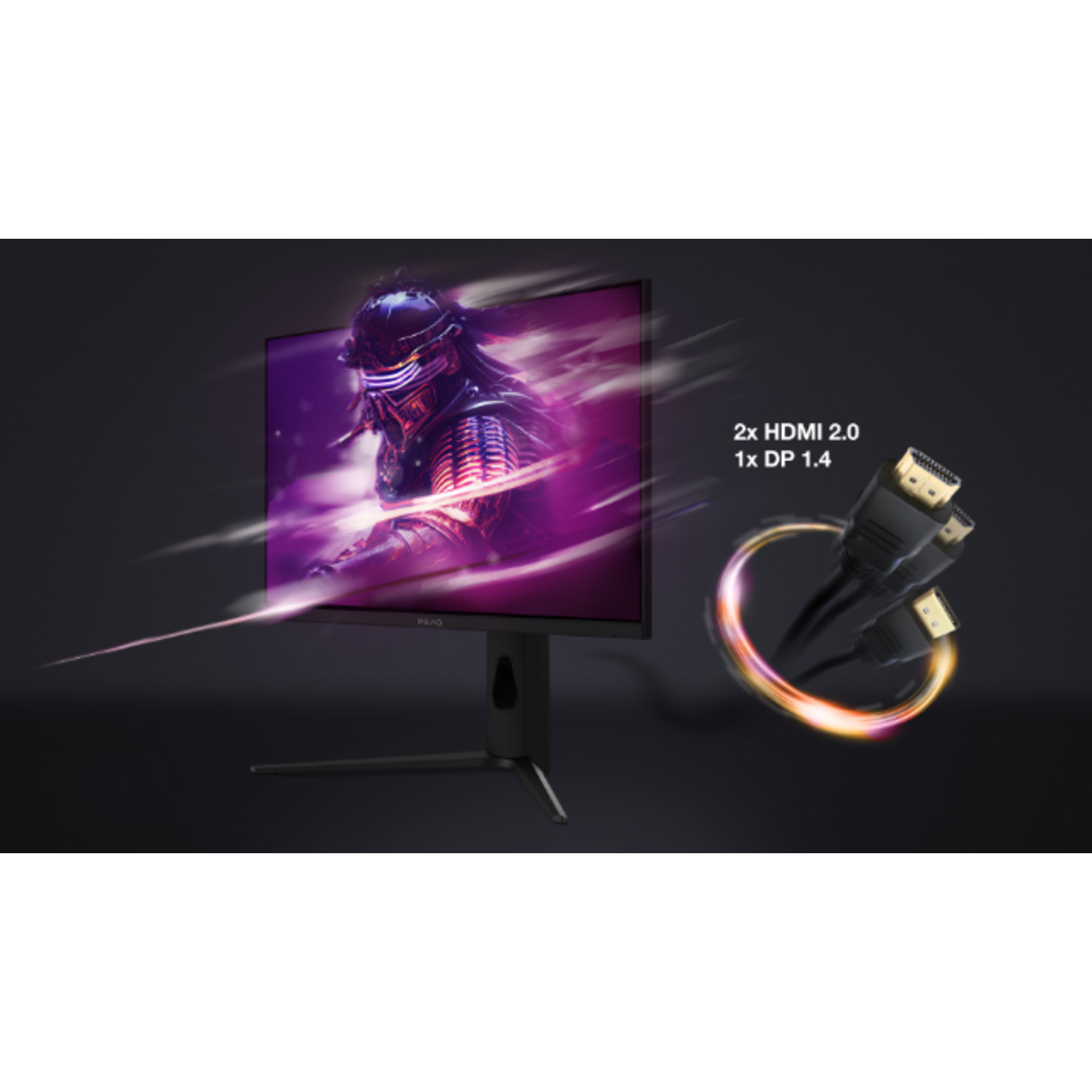 Een monitor die een paarse krijgerafbeelding toont. Er worden twee HDMI-kabels en een DP-kabel getoond. De tekst luidt "2x HDMI 2.0, 1x DP 1.4".