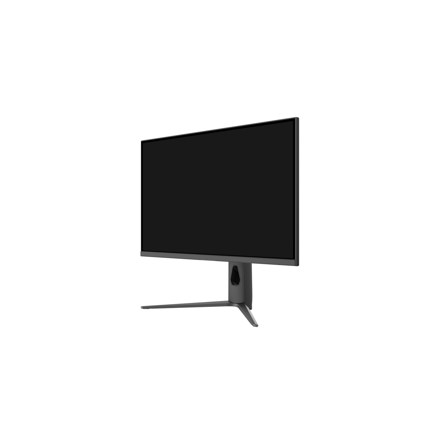 Een computermonitor met een zwart scherm en een grijze standaard tegen een zwarte achtergrond.
